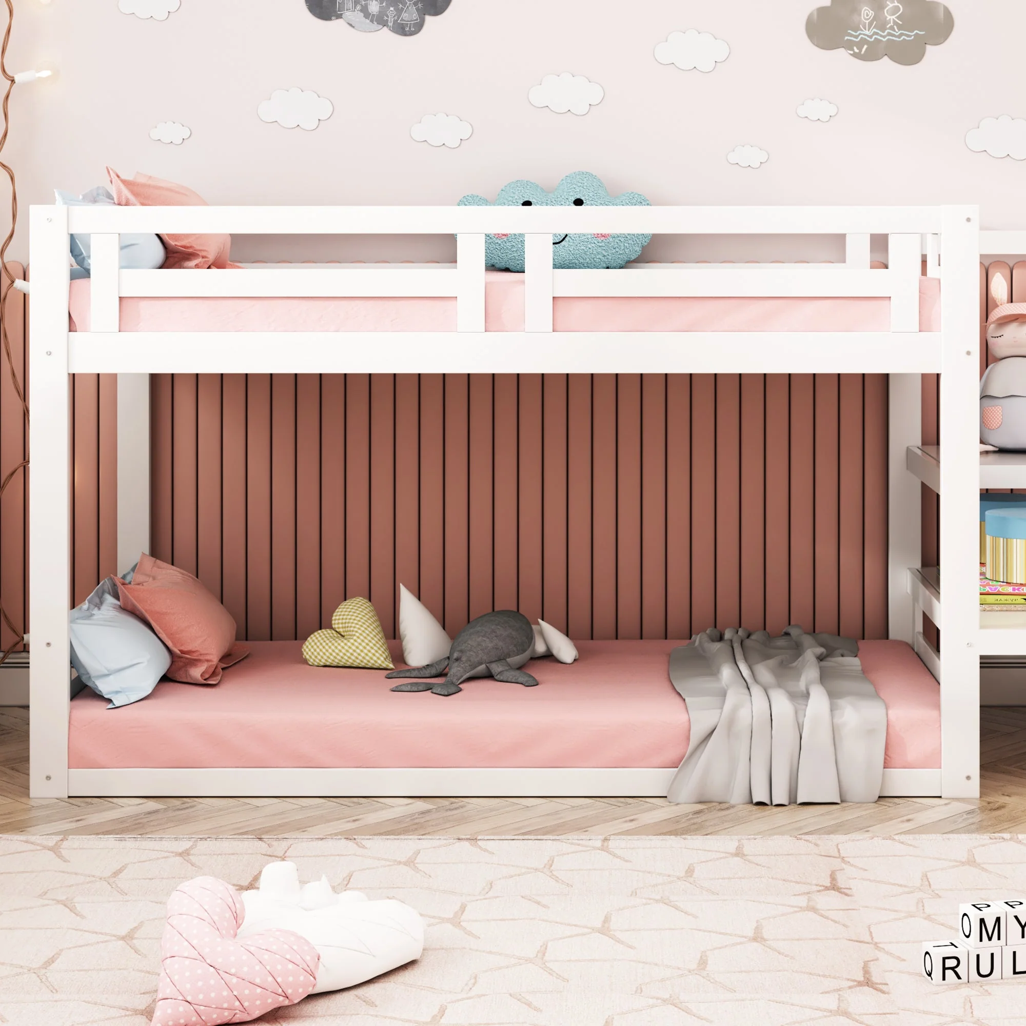 Children's Bed Bunk Low with Safety Stairs Slatted Base, Solid Wood White - Image 6