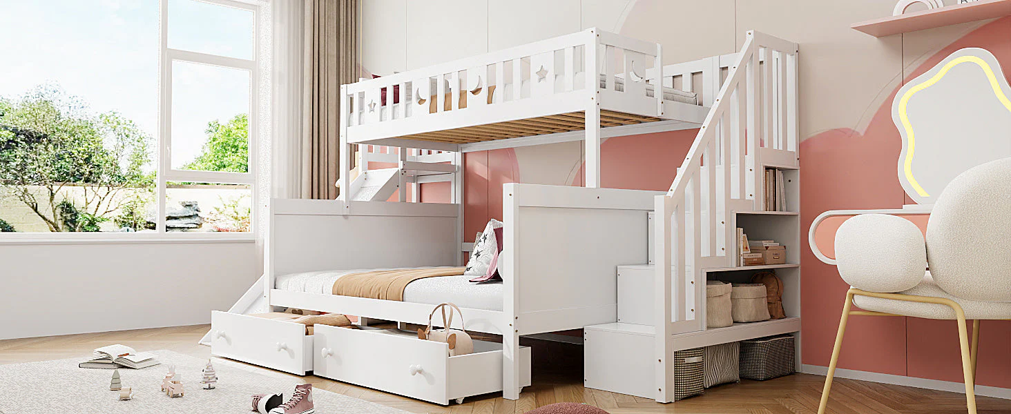 Children's Bed Bunk with Slide, Shelf, Drawers, White - Image 5