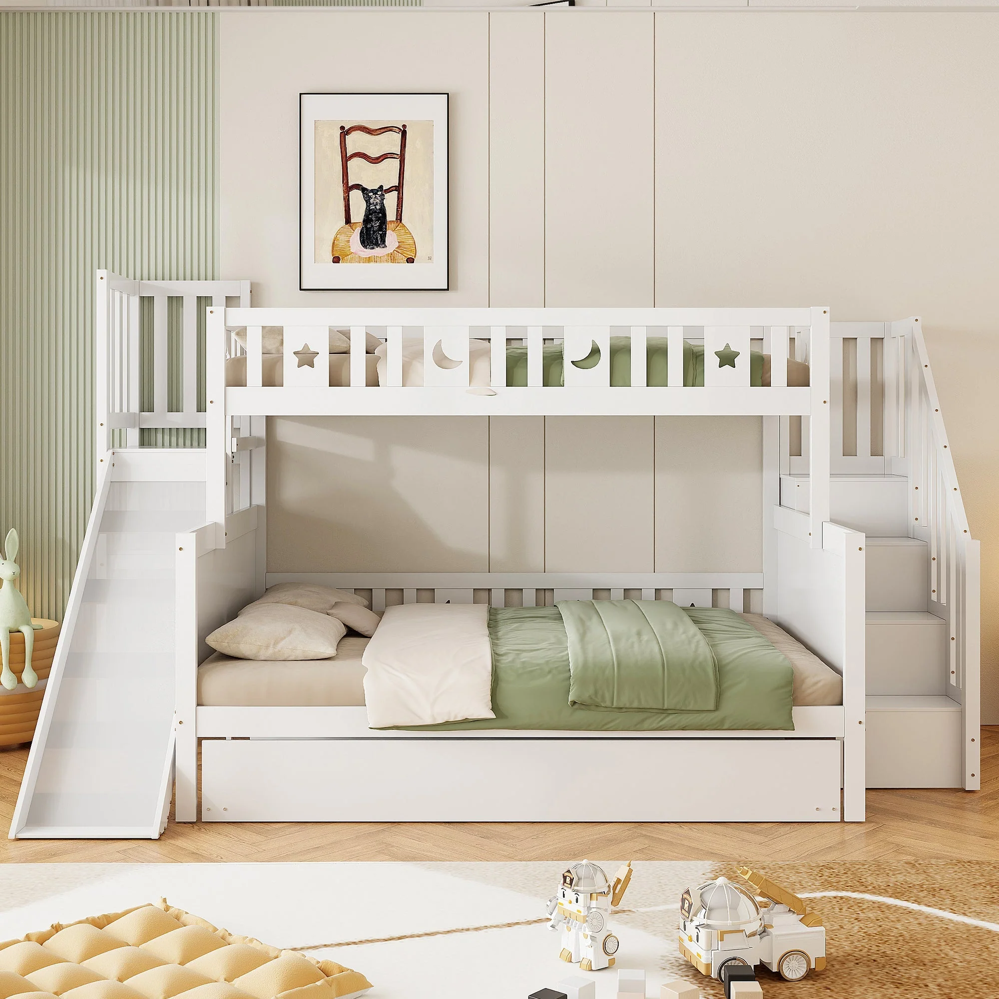 Children's Bed, Bunk with Slide, Shelf, Trundle & Slatted Frame, Solid Wood, White - Image 3