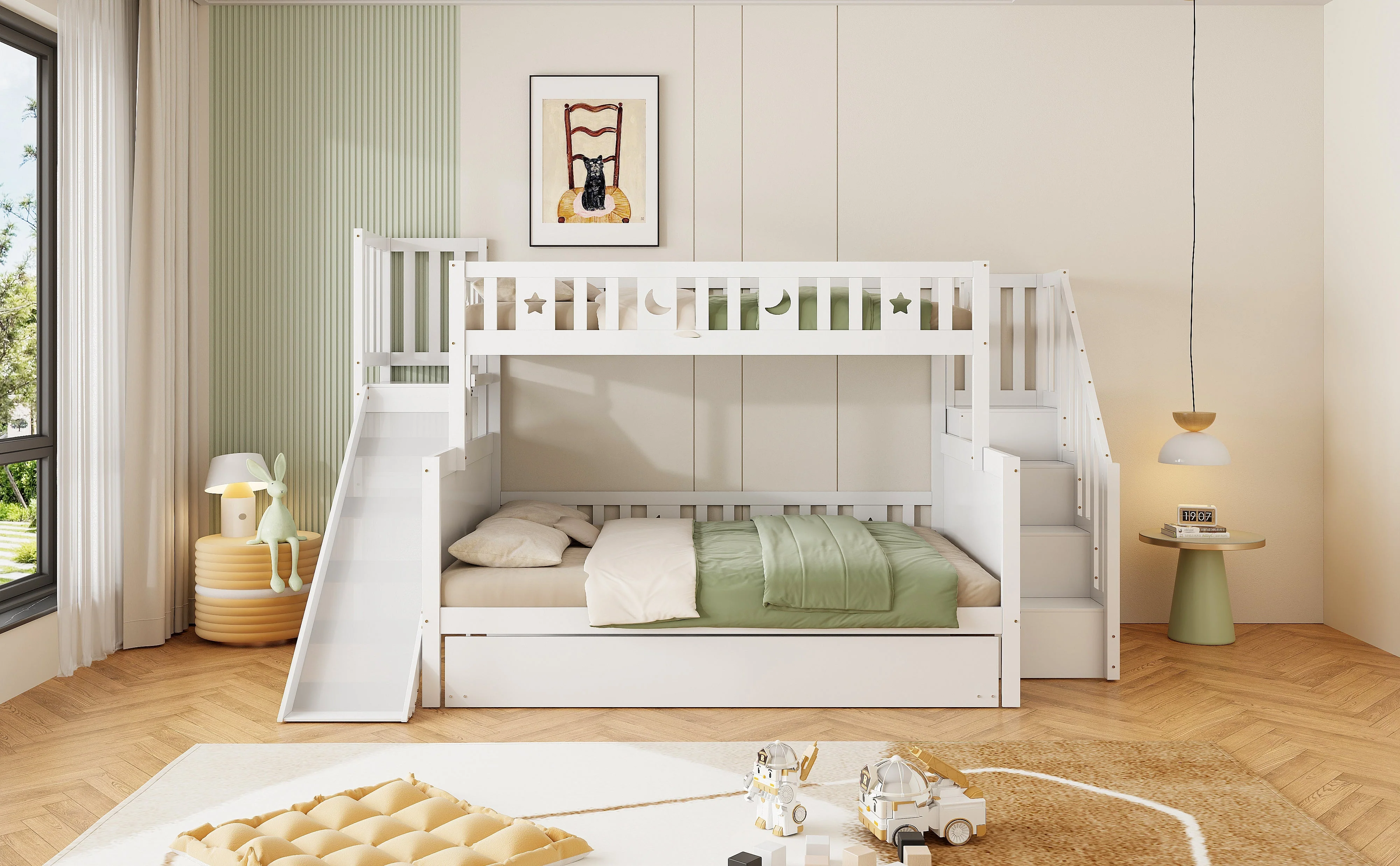 Children's Bed, Bunk with Slide, Shelf, Trundle & Slatted Frame, Solid Wood, White - Image 7