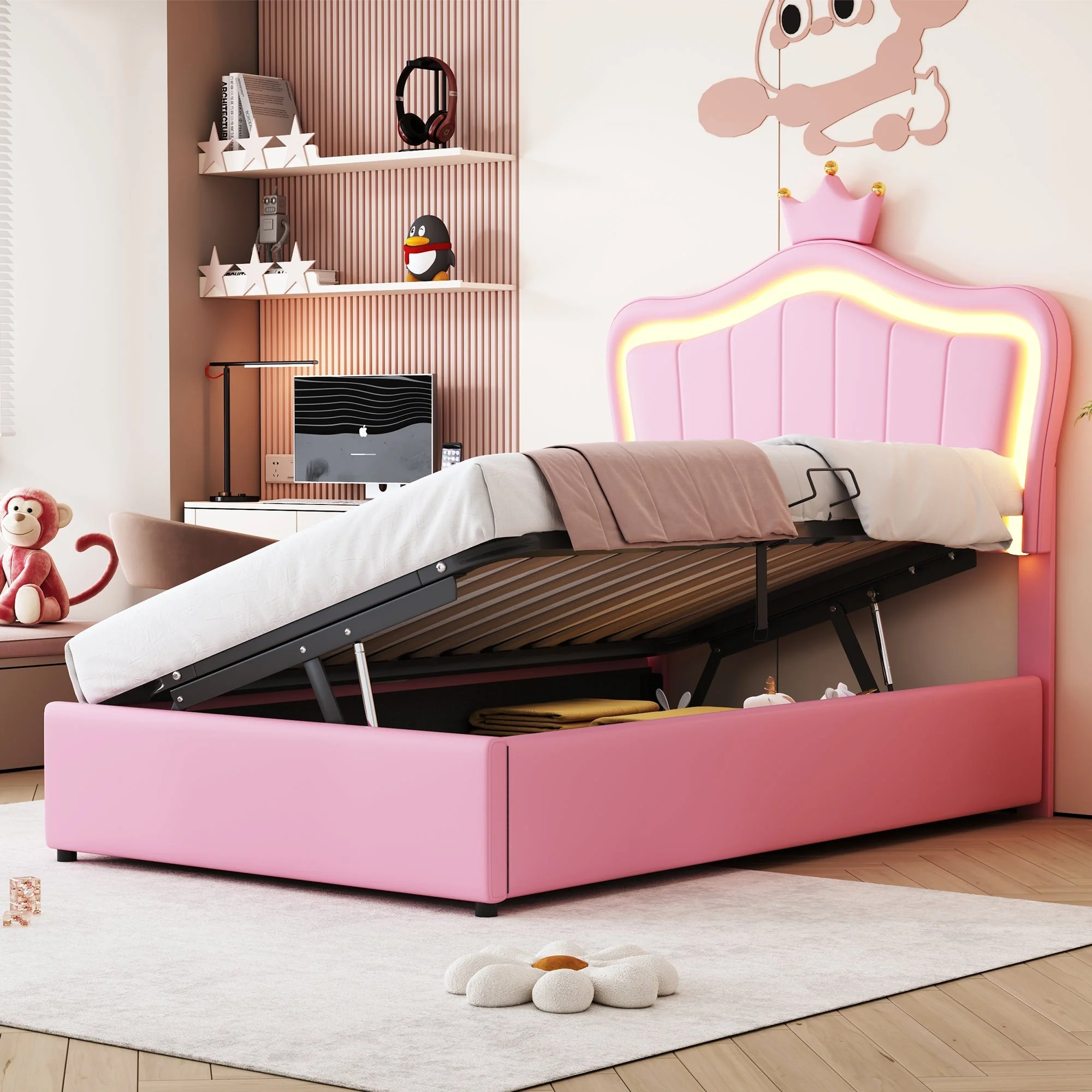 Children's Bed, Crown Design LED Hydraulic Storage, Faux Leather Pink - Image 2