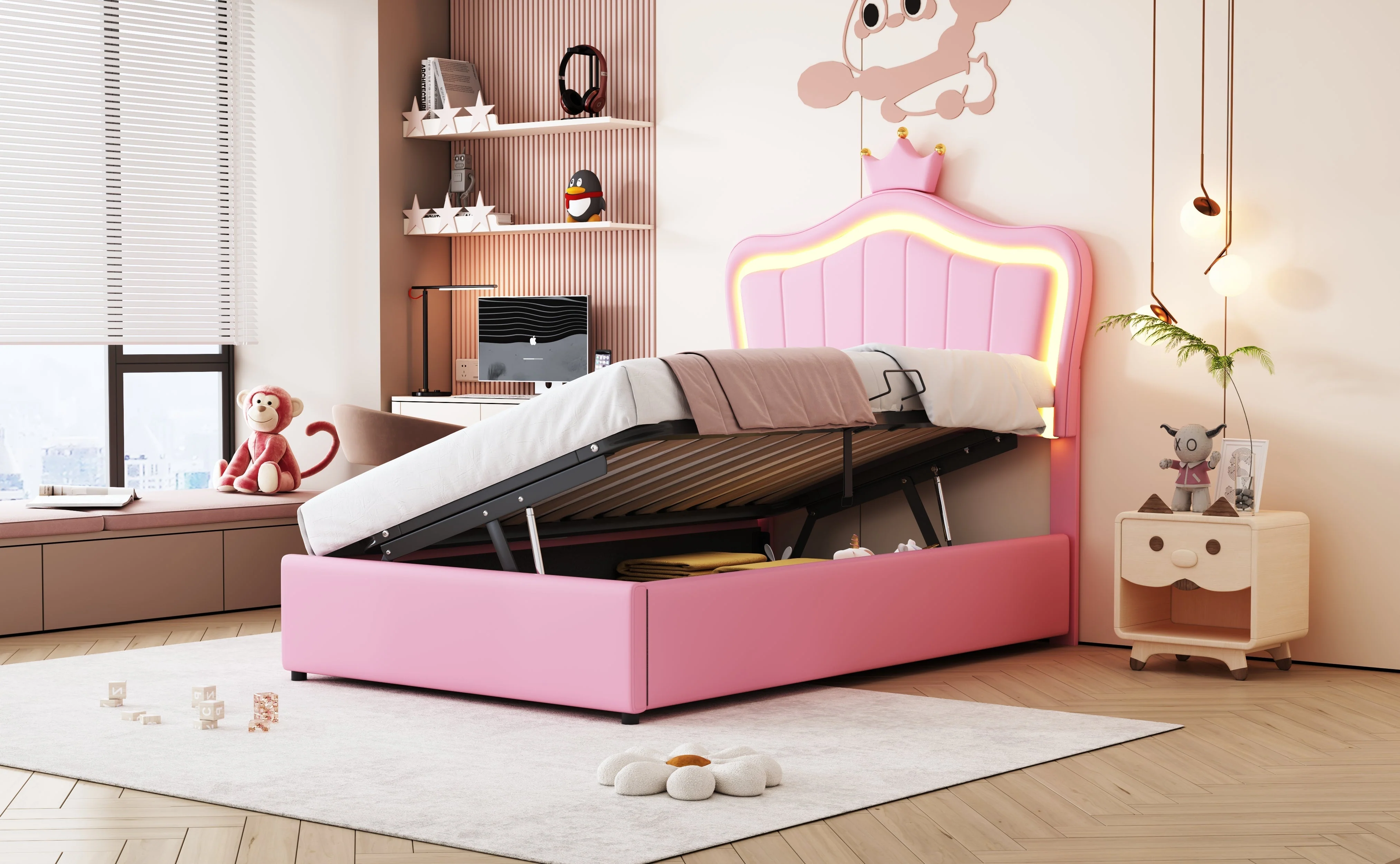 Children's Bed, Crown Design LED Hydraulic Storage, Faux Leather Pink - Image 6