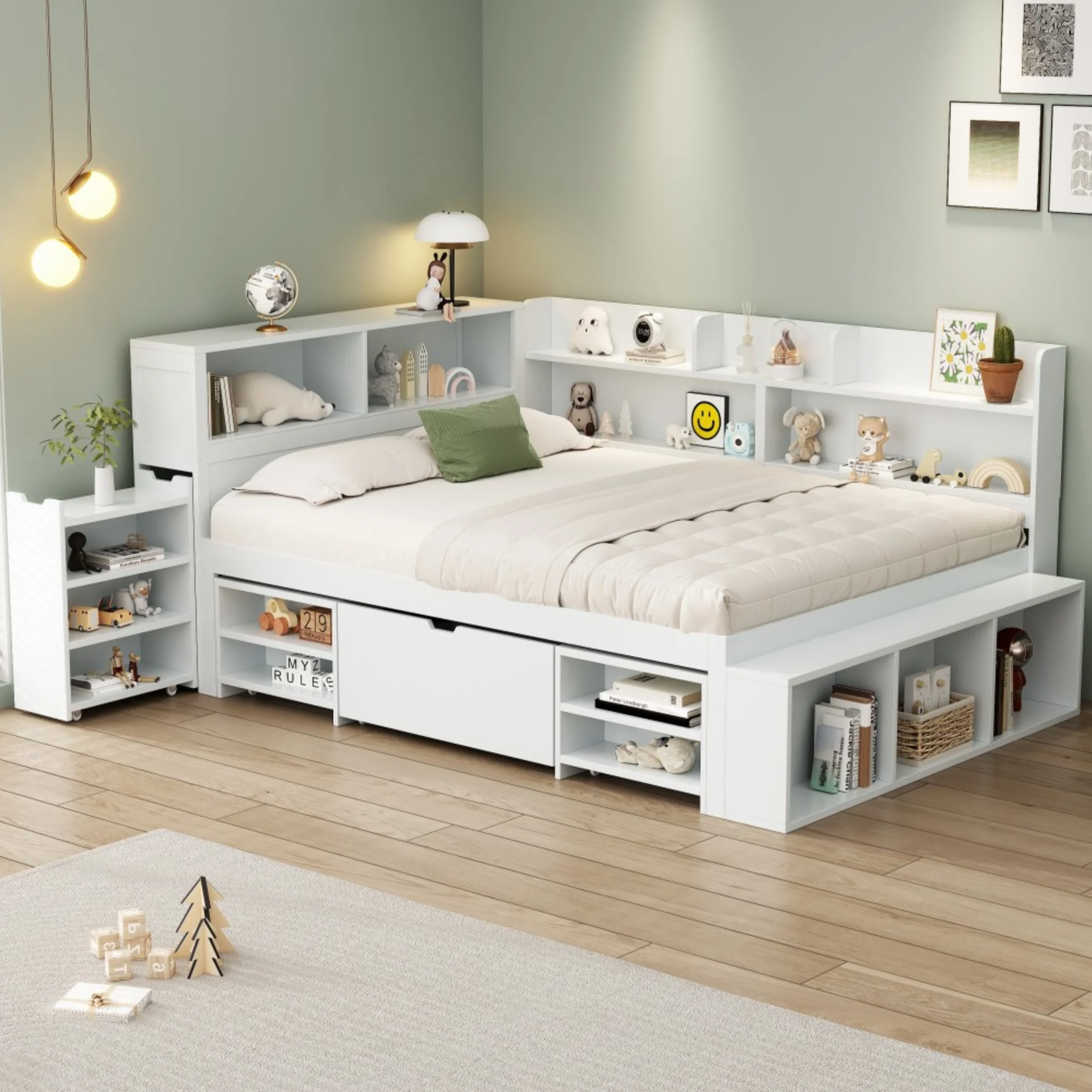 Children's Bed Double 4ft6 (135x190cm) with Drawers, Bookcase & Storage Cupboard, White - Image 3