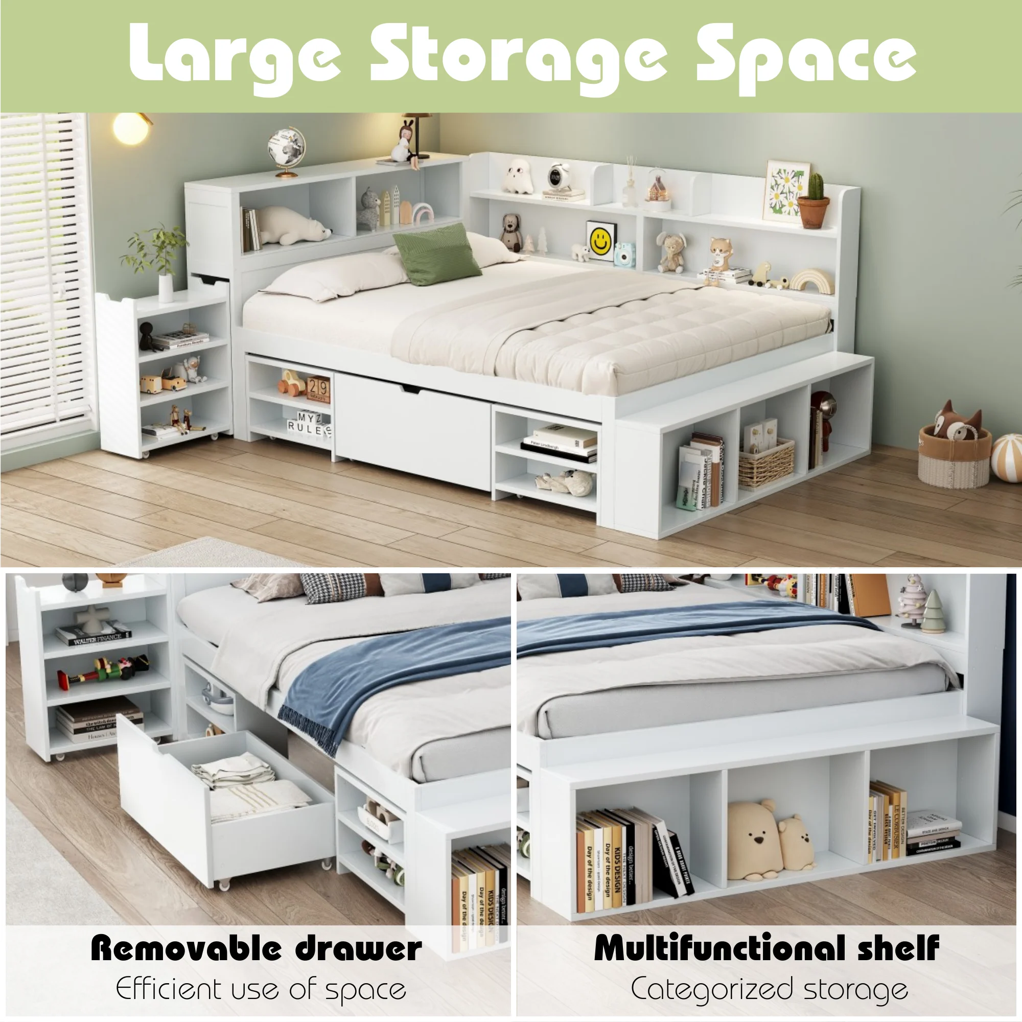 Children's Bed Double 4ft6 (135x190cm) with Drawers, Bookcase & Storage Cupboard, White - Image 4