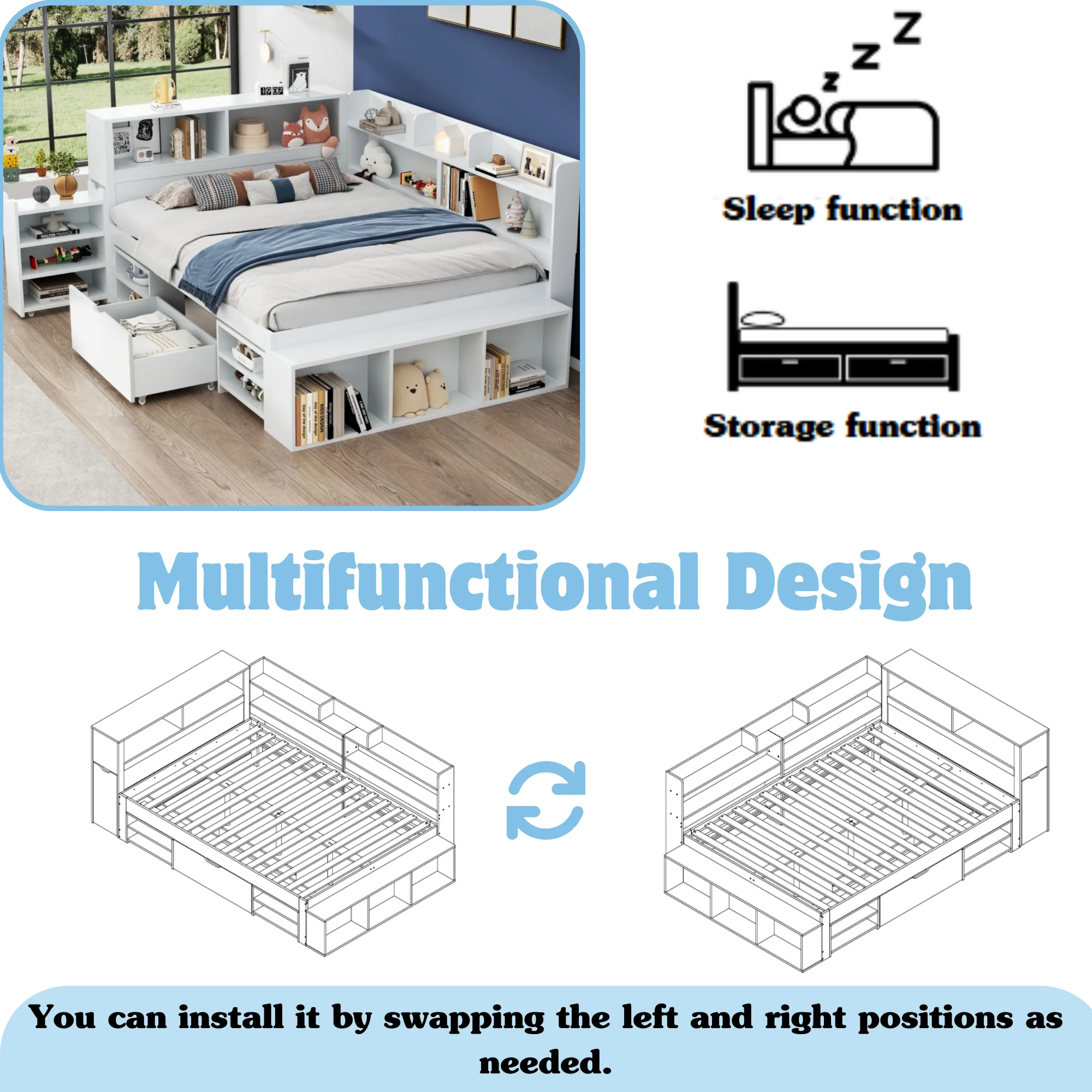 Children's Bed Double 4ft6 (135x190cm) with Drawers, Bookcase & Storage Cupboard, White - Image 5
