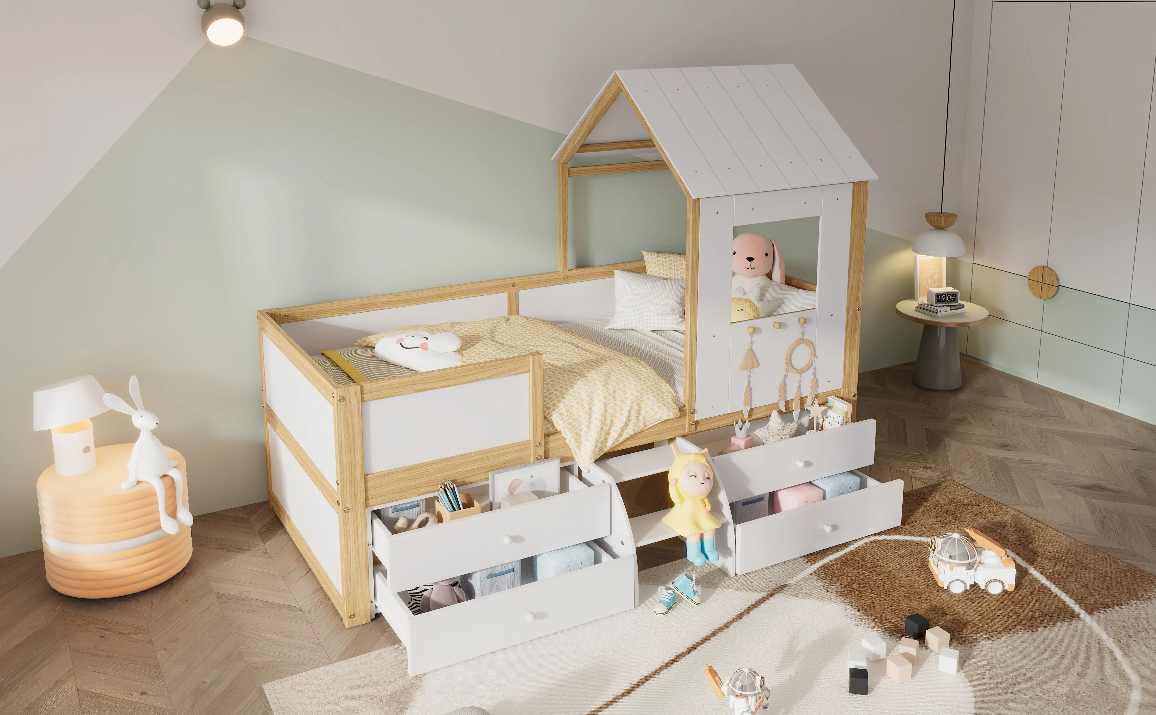 Children's Bed, Half-Height House Bed with 4 Drawers & Stairs, Pine+MDF+Plywood, White+Natural, 90x200cm - Image 10
