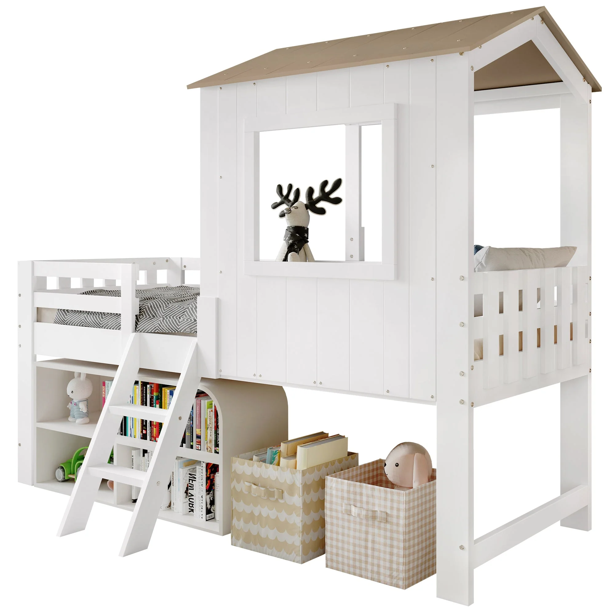 Children's Bed, Half-Height House Bed with Roof, Window & Stairs, White & Natural Wood - Image 10