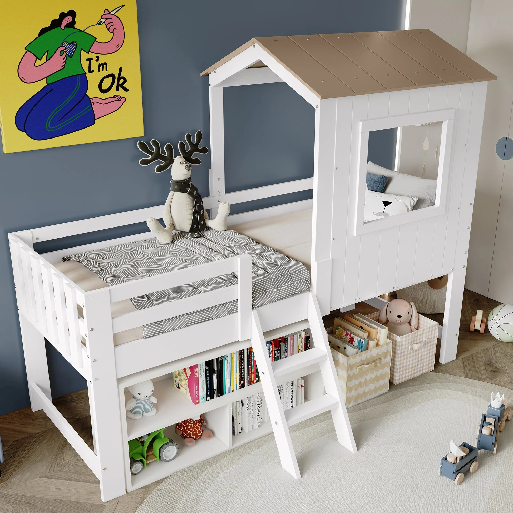 Children's Bed, Half-Height House Bed with Roof, Window & Stairs, White & Natural Wood - Image 3