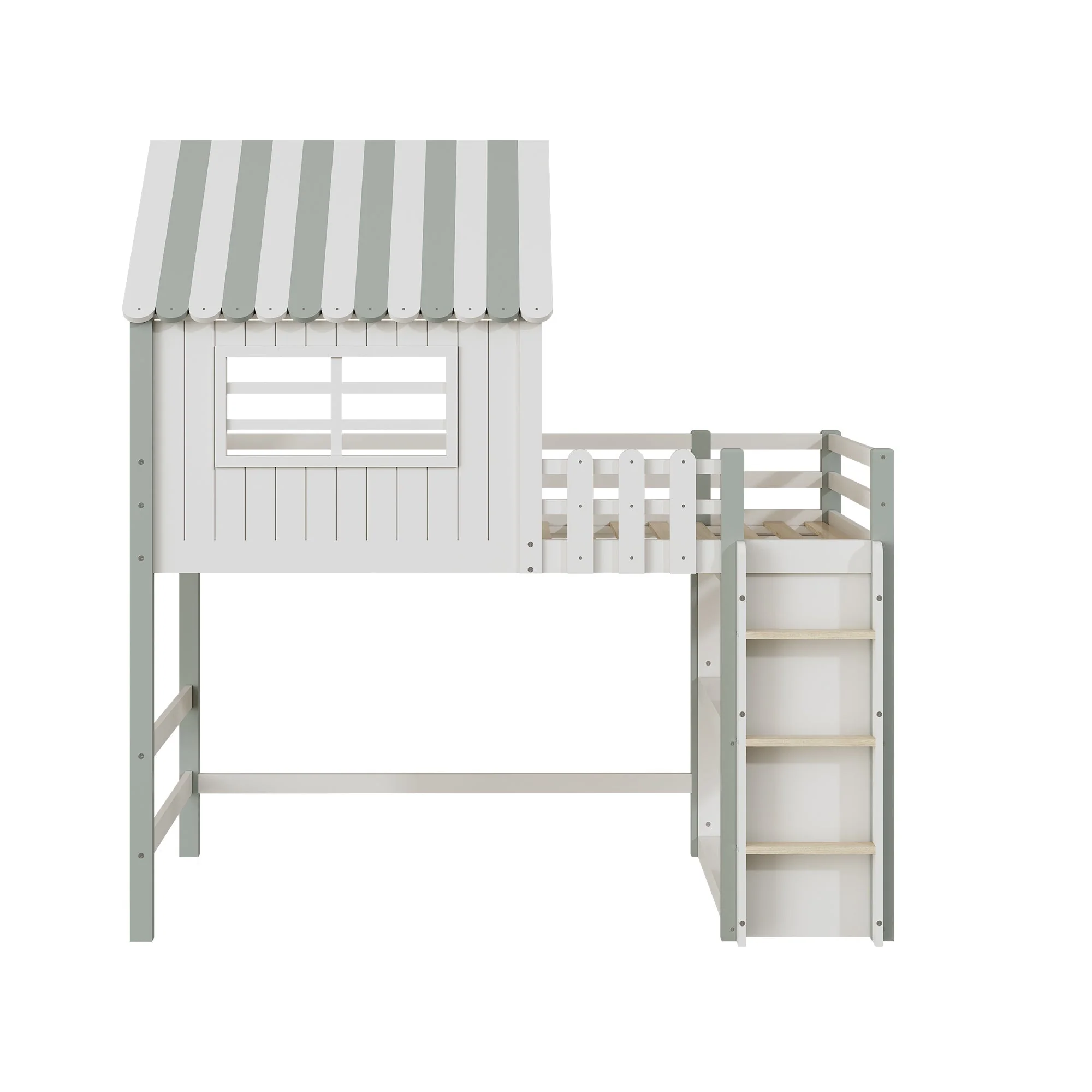 Children's Bed, High & Low Roof Shape with Ladder & Storage, Solid Wood, Green - Image 8