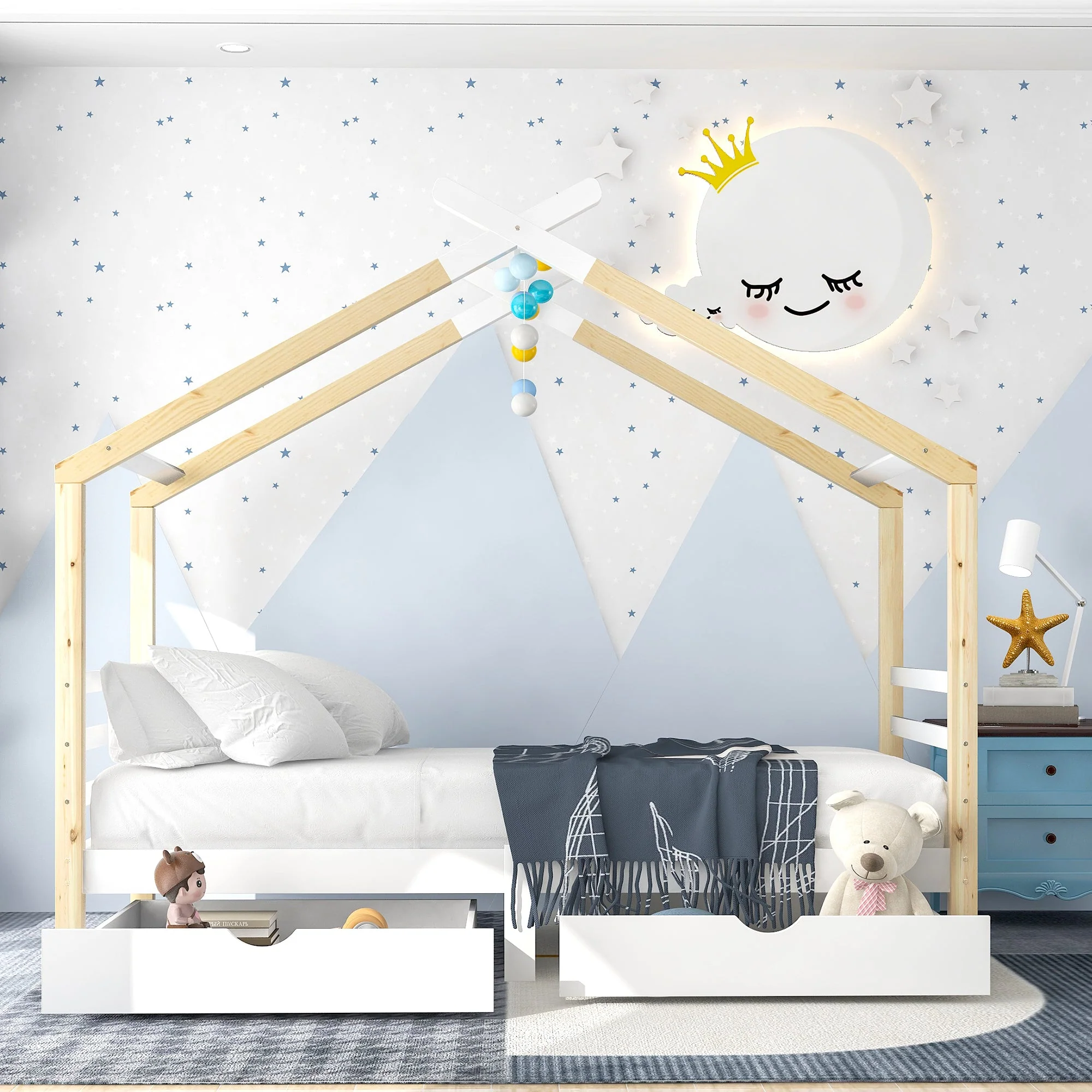 Children's Bed House Bed with Drawers, Solid Pine Wood, White + Wood Color - Image 6