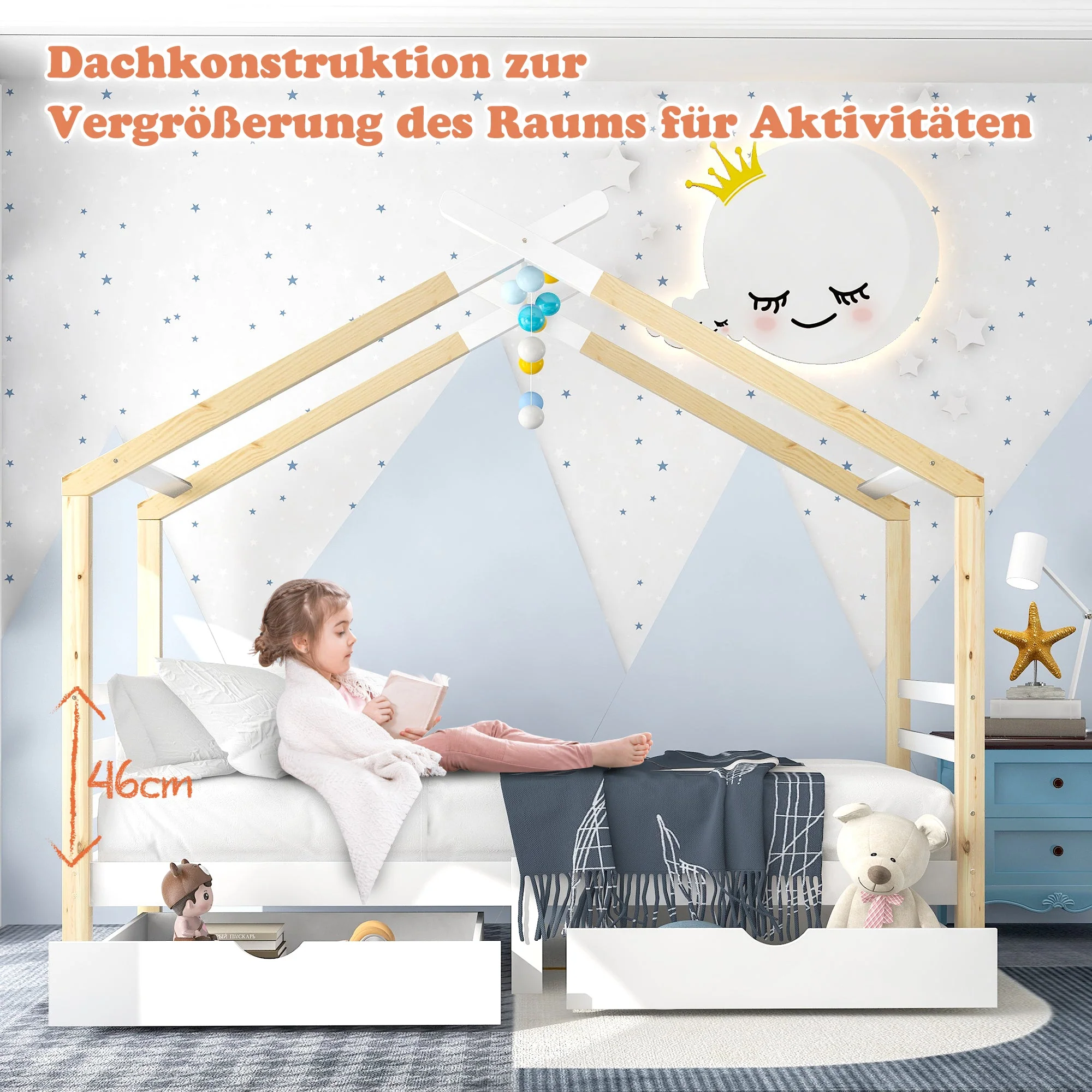 Children's Bed House Bed with Drawers, Solid Pine Wood, White + Wood Color - Image 9