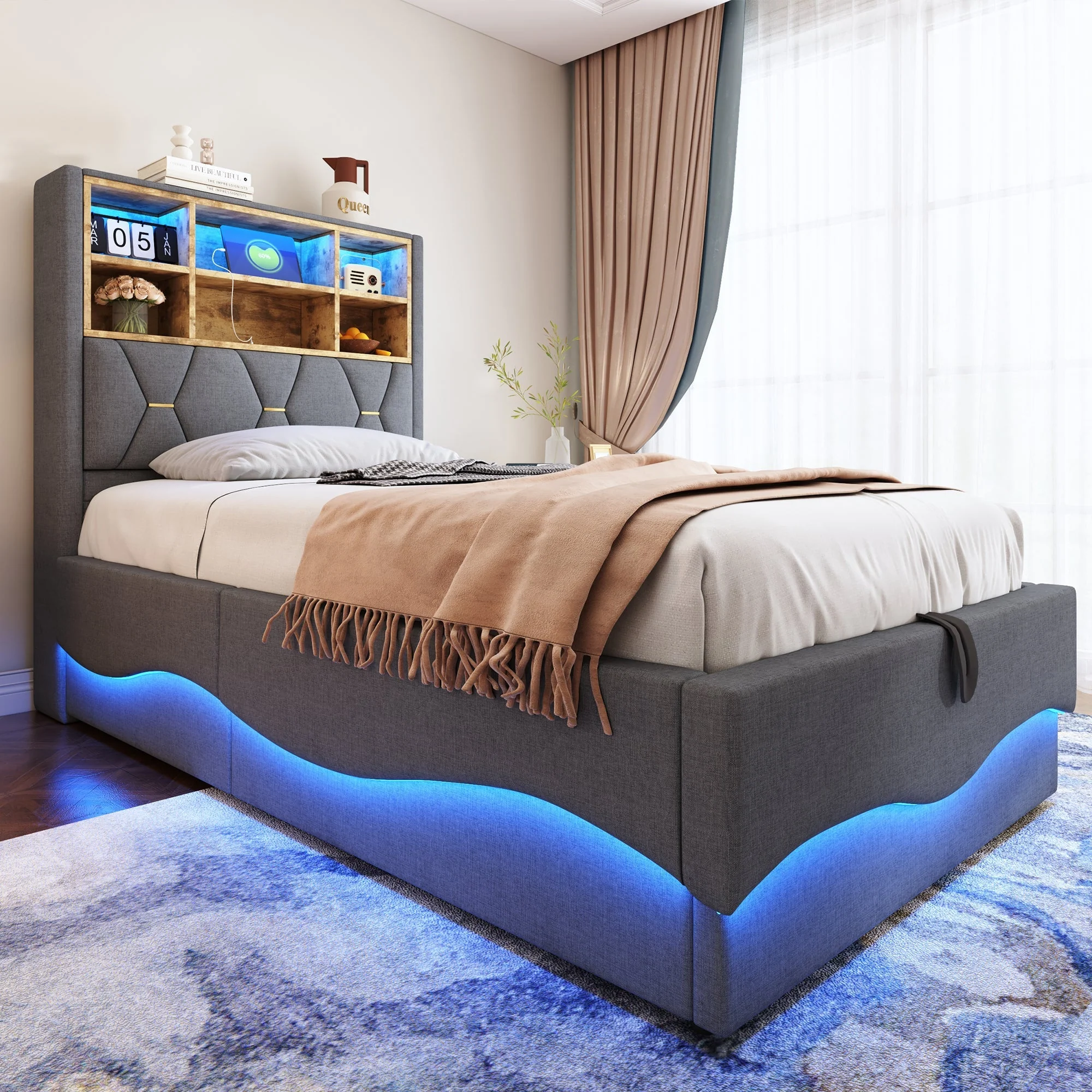 Children's Bed Hydraulic Storage LED USB Metal Frame, Grey Linen - Image 3