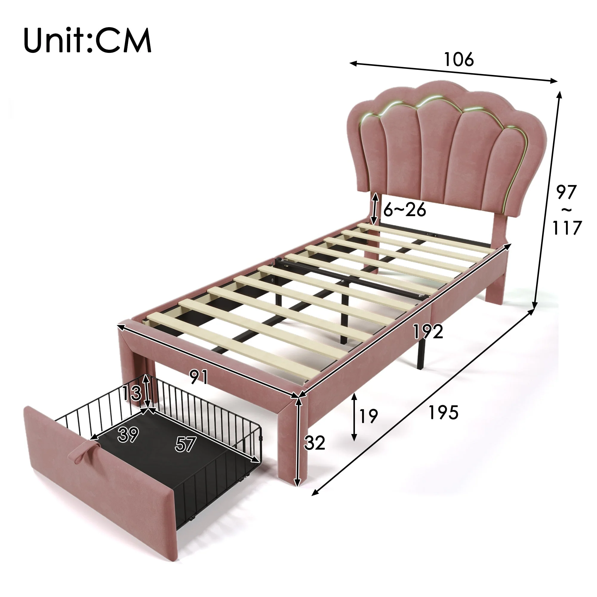 Children's Bed LED Single, 90 x 190 cm with Drawers, Adjustable Headboard, Velvet Pink - Image 2