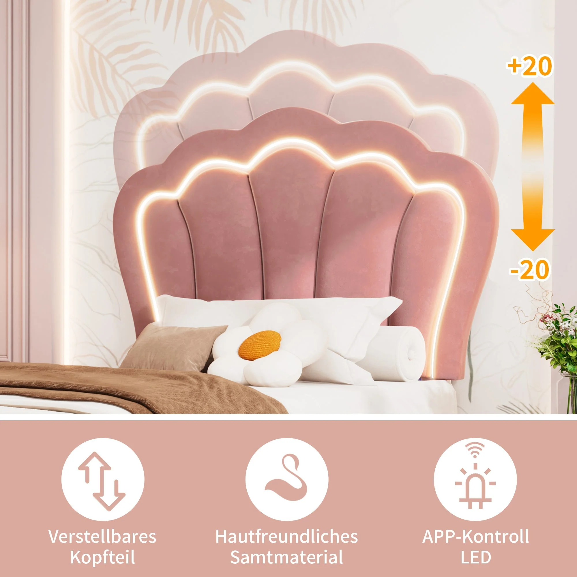 Children's Bed LED Single, 90 x 190 cm with Drawers, Adjustable Headboard, Velvet Pink - Image 4