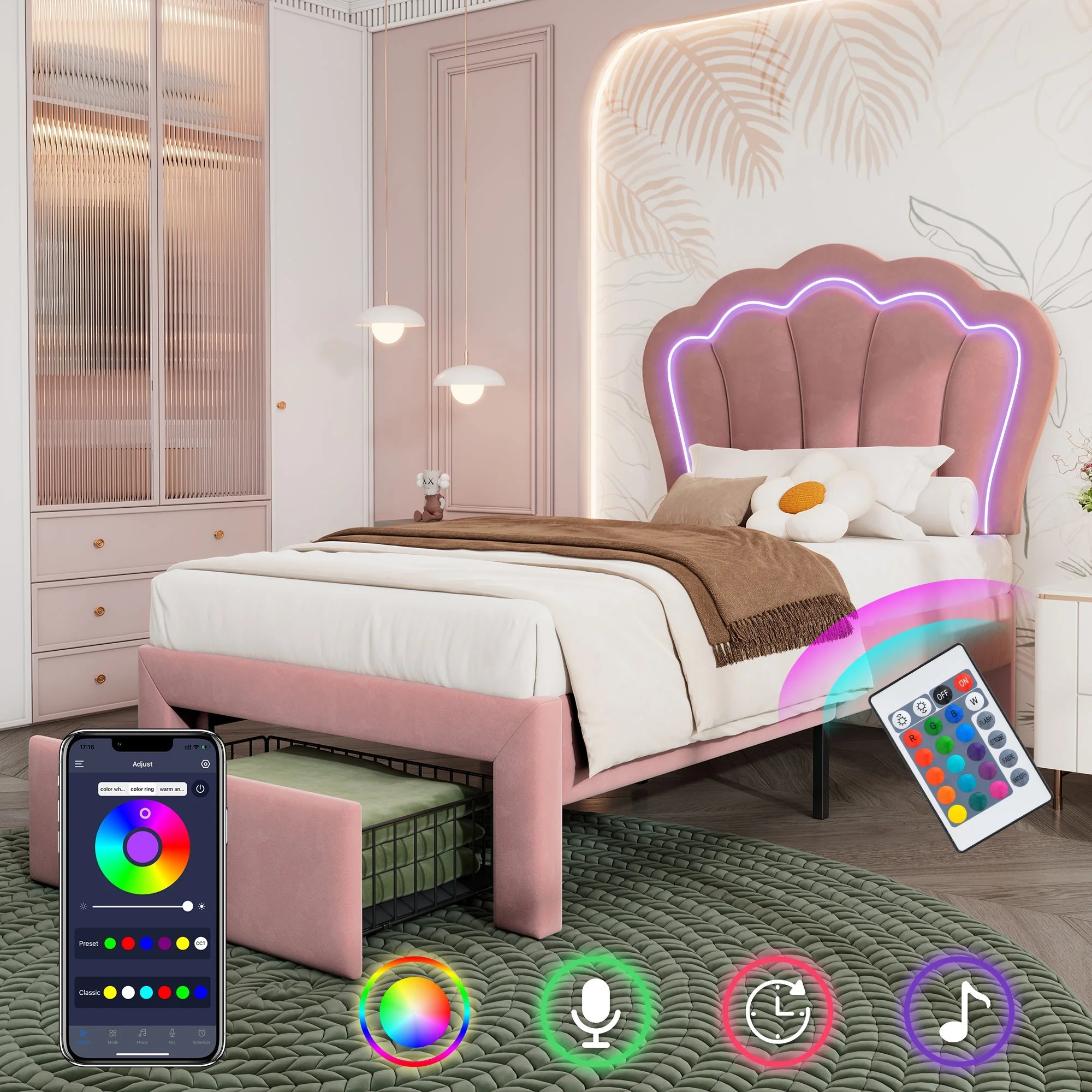 Children's Bed LED Single, 90 x 190 cm with Drawers, Adjustable Headboard, Velvet Pink - Image 7