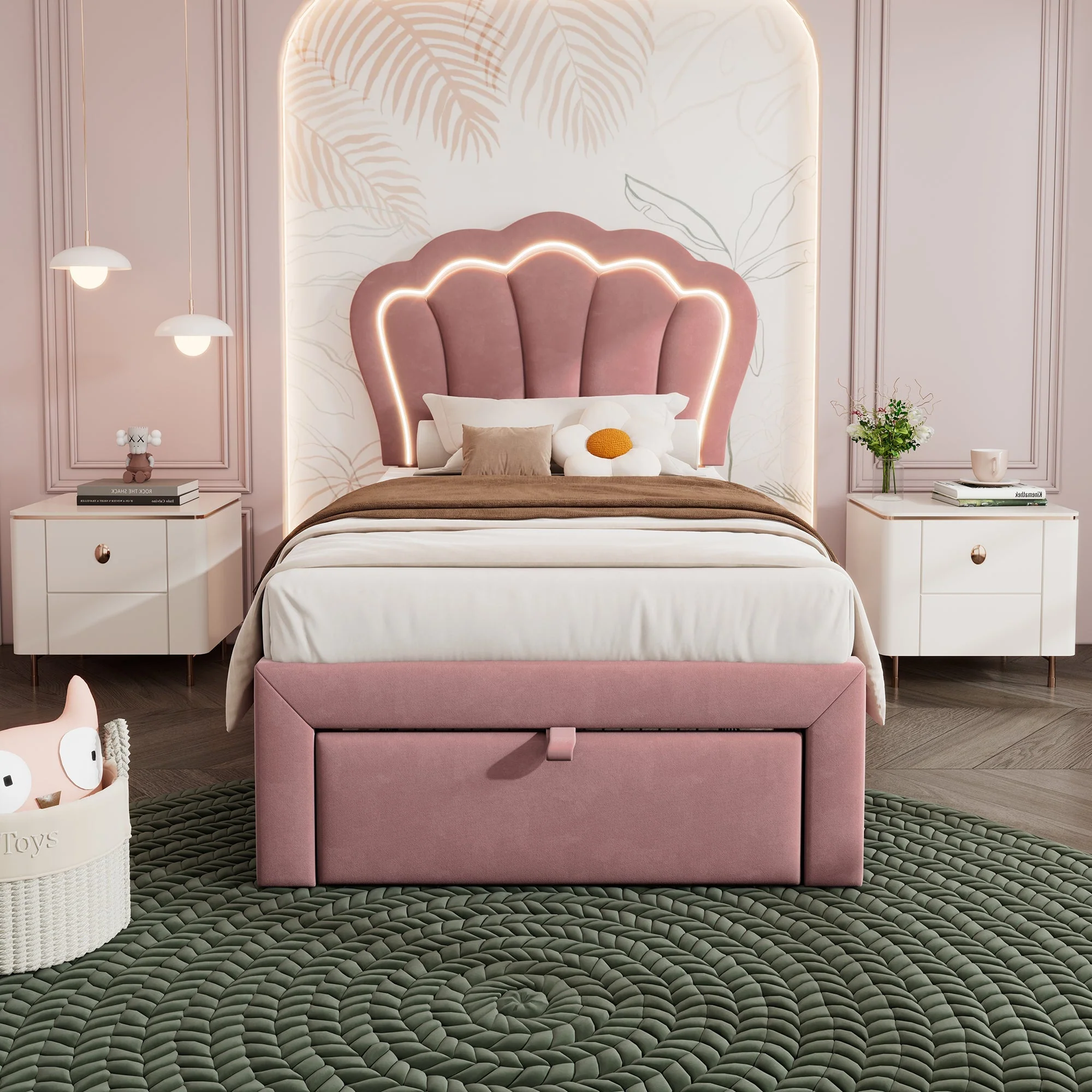 Children's Bed, LED Single with Drawers, APP-Control, Adjustable Headboard, Velvet Pink - Image 10