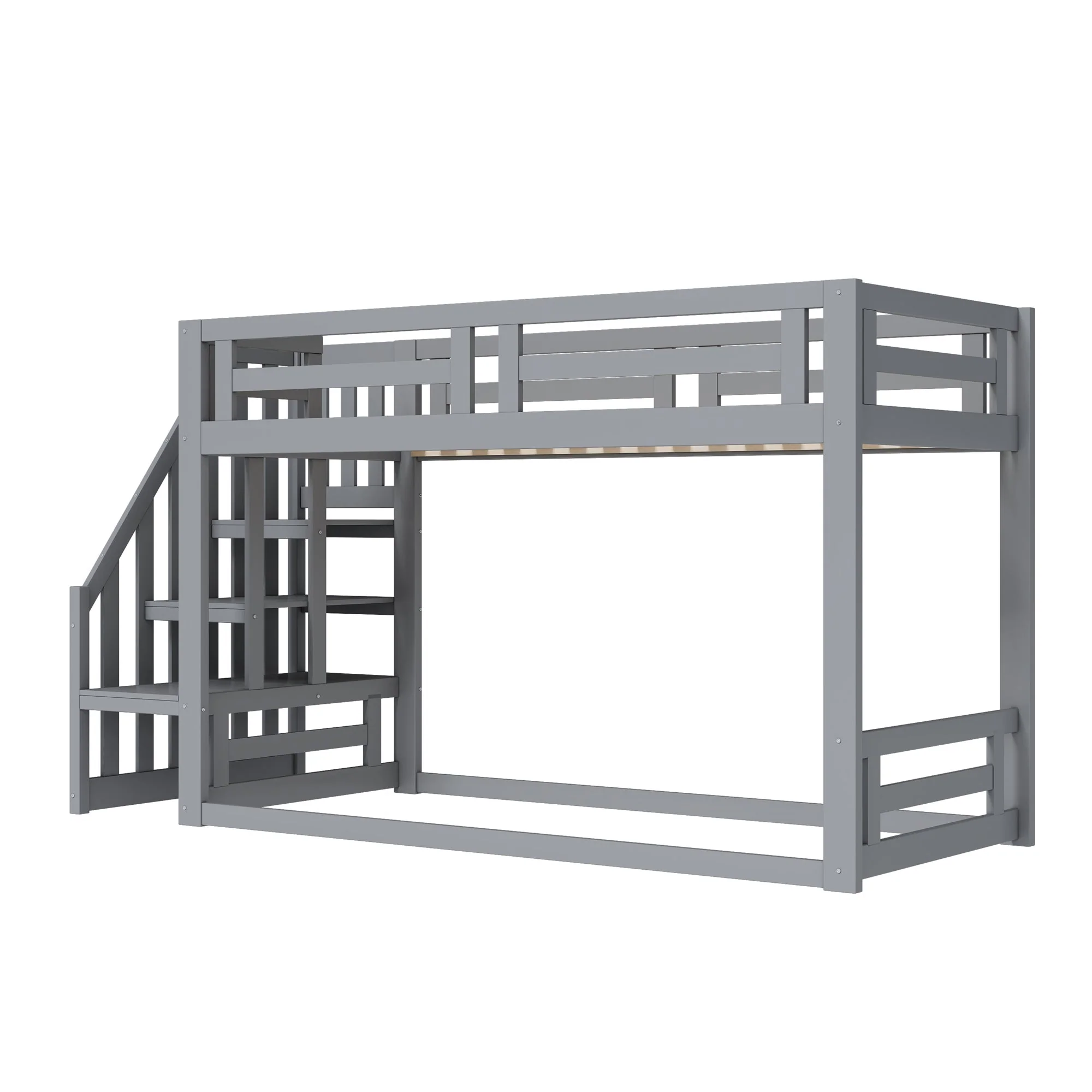Children's Bed, Low Bunk with Safety Stairs, Solid Wood Gray - Image 8