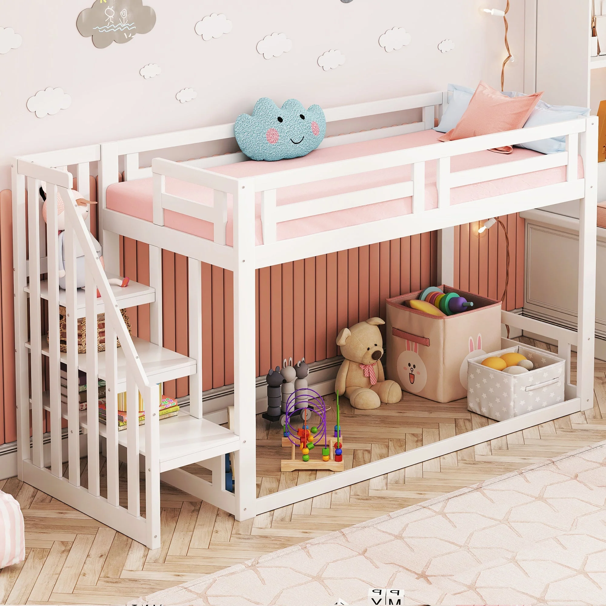 Children's Bed, Low Bunk with Safety Stairs, Solid Wood, White - Image 2