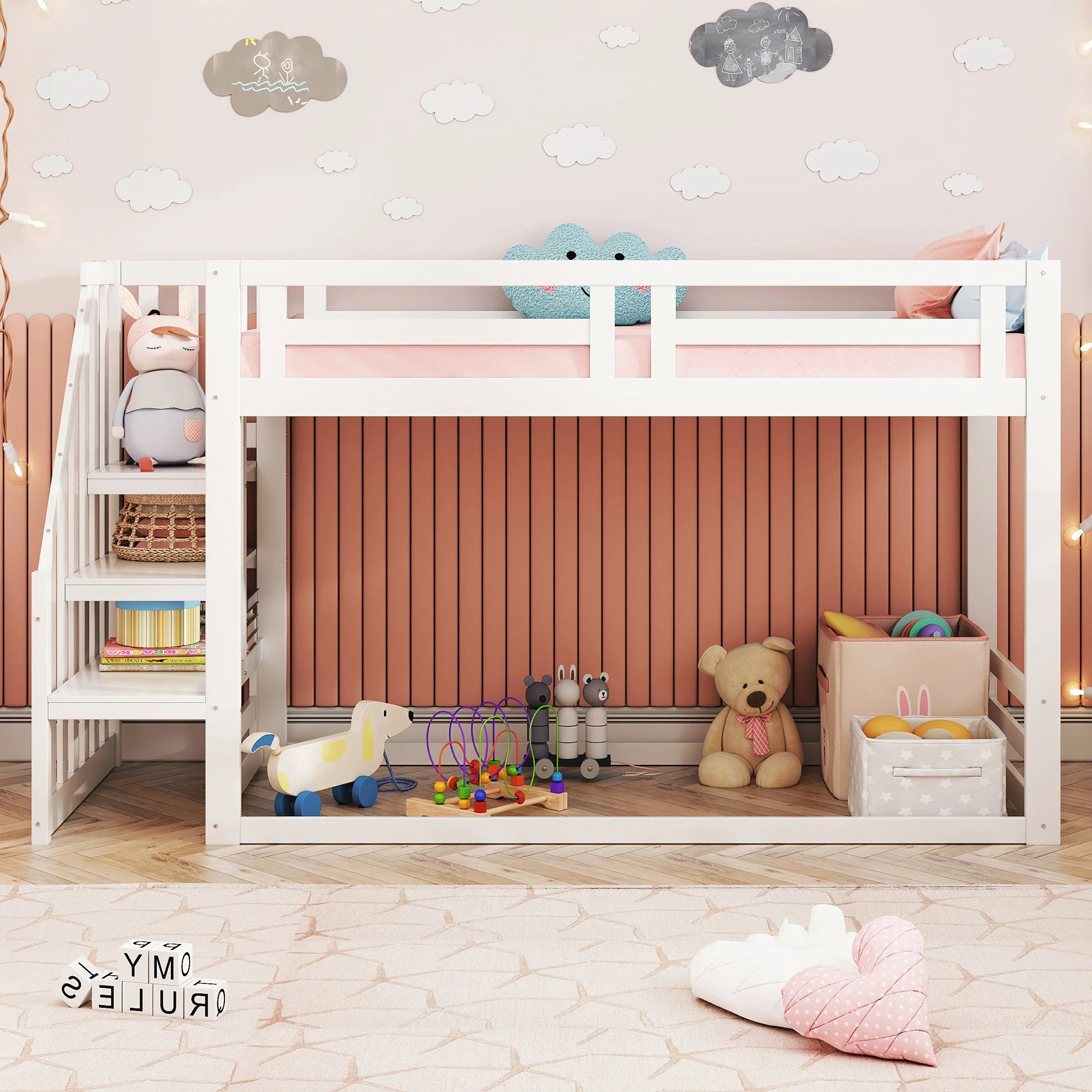 Children's Bed, Low Bunk with Safety Stairs, Solid Wood, White - Image 3