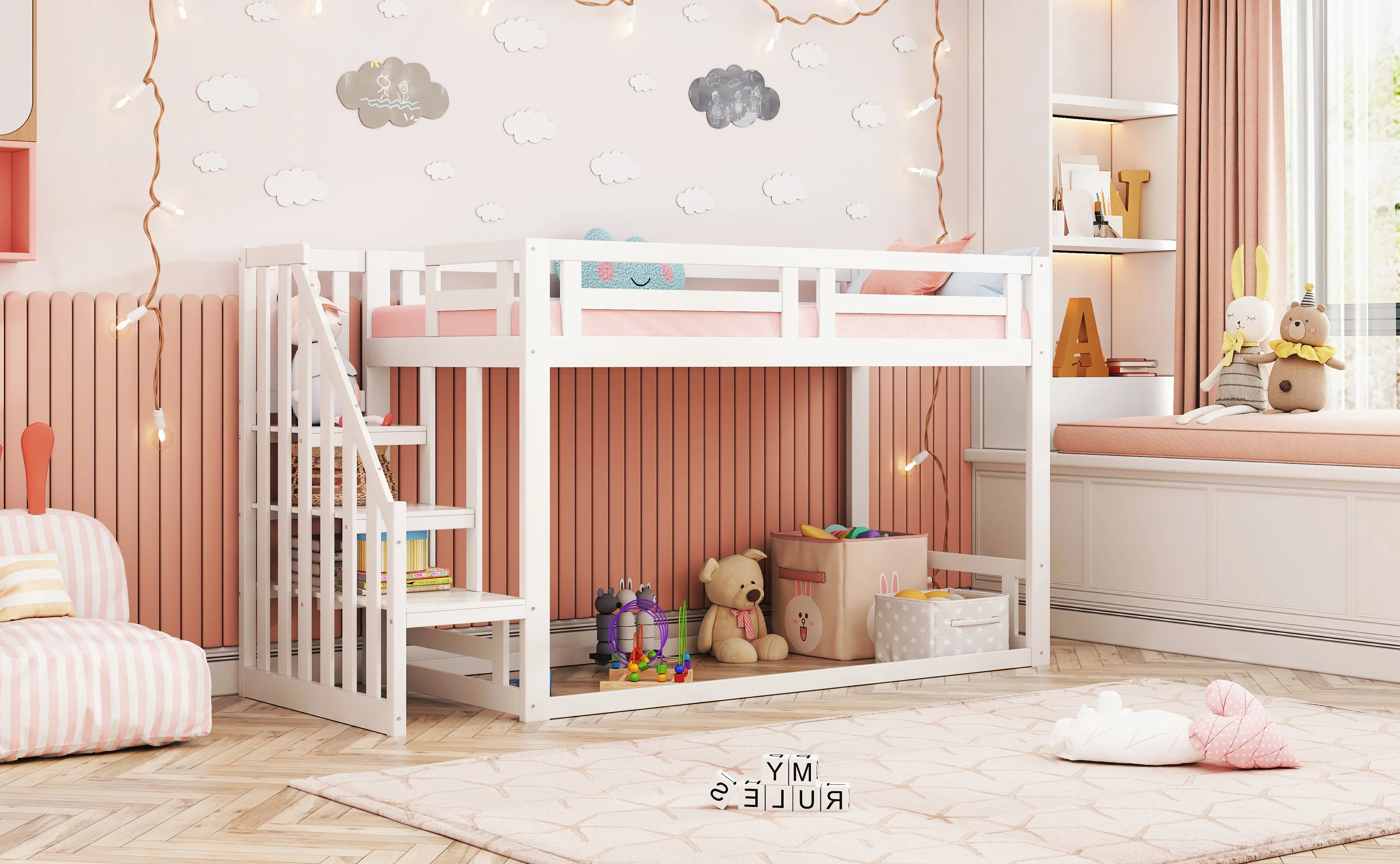 Children's Bed, Low Bunk with Safety Stairs, Solid Wood, White - Image 6