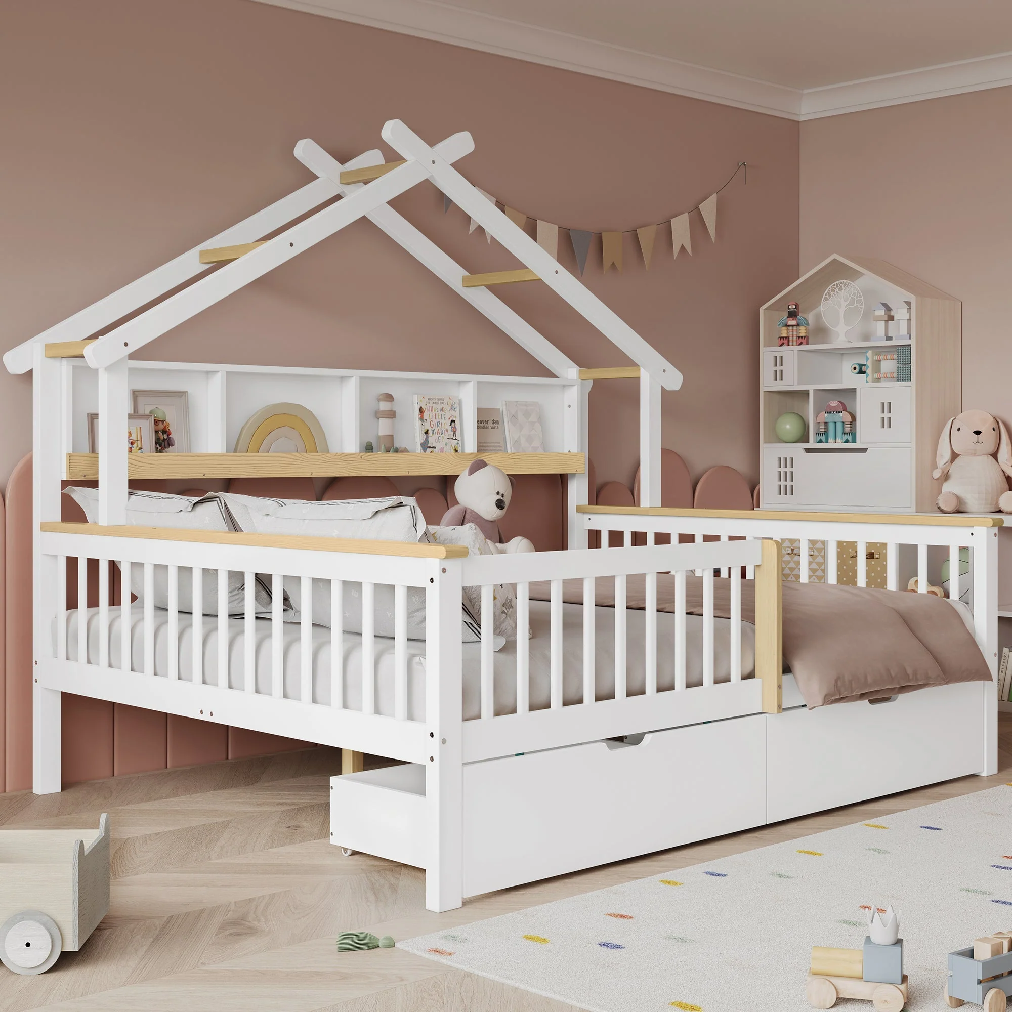 Children's Bed Roof Design, Railing, Storage Drawers, 140x200cm, Pine+MDF White/Natural - Image 3