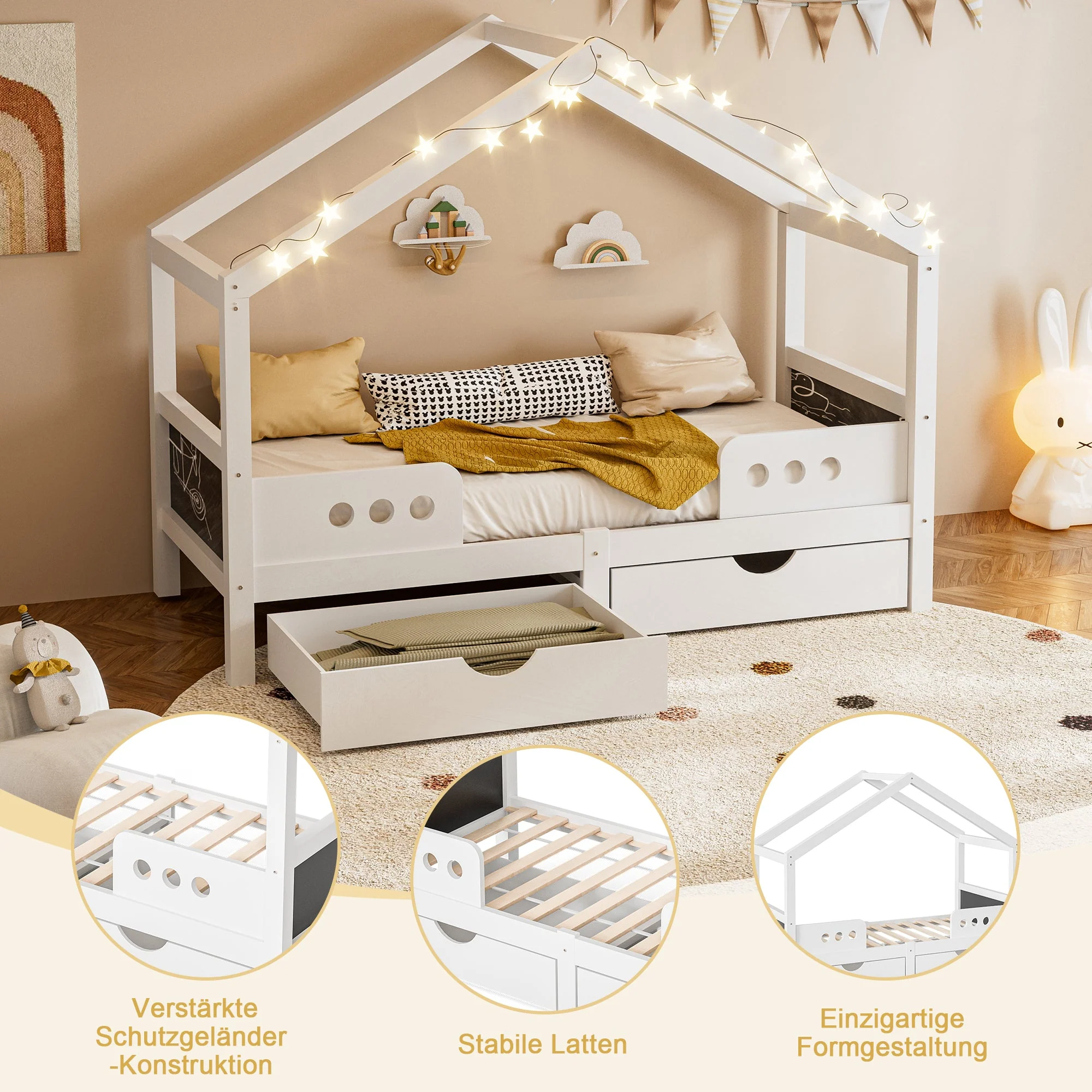 Children's Bed, Roof Design with 2 Drawers, UV Varnish Wood+MDF - Image 3