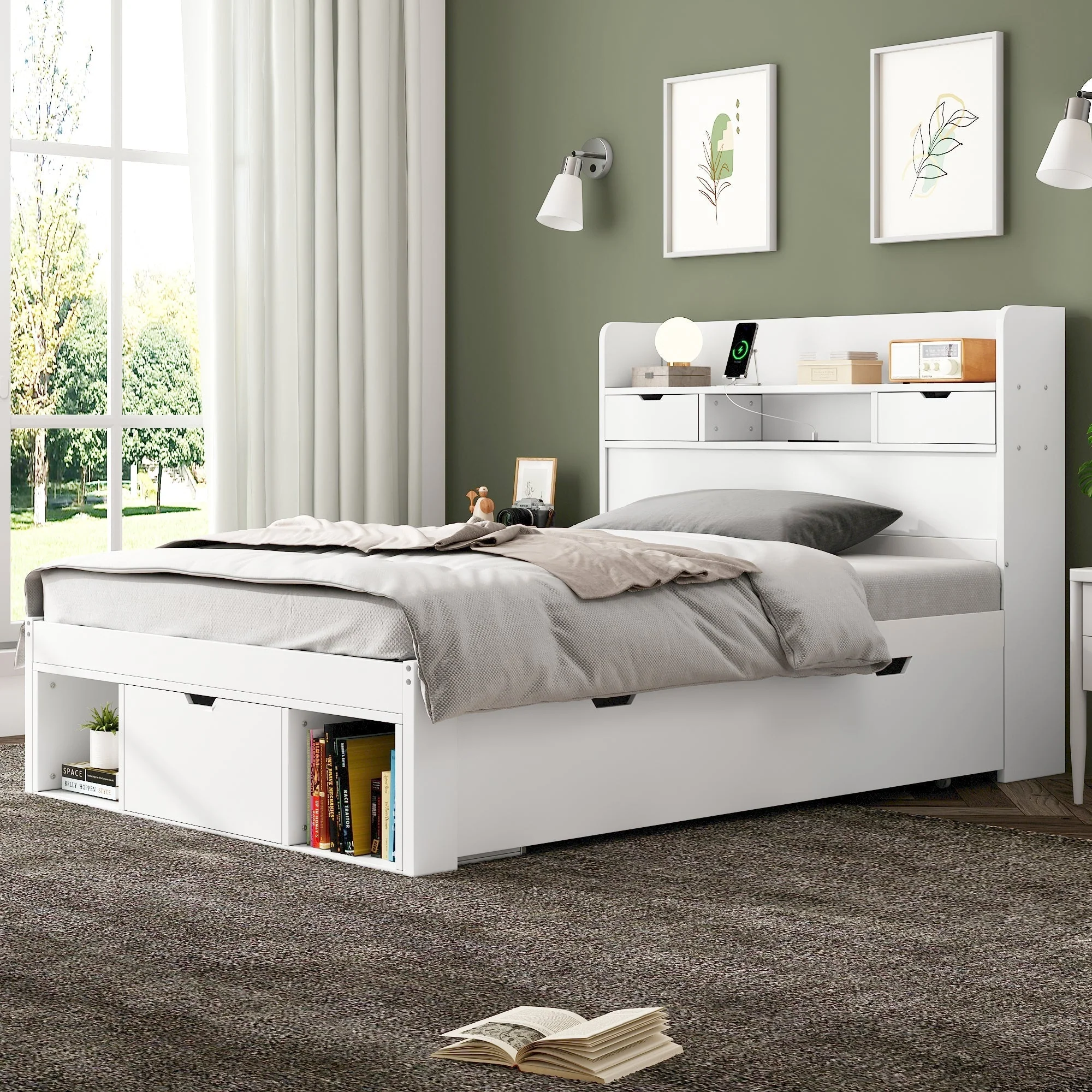 Children's Bed Single Daybed 3FT with USB Port Drawers Storage Cabinet, White - Image 3