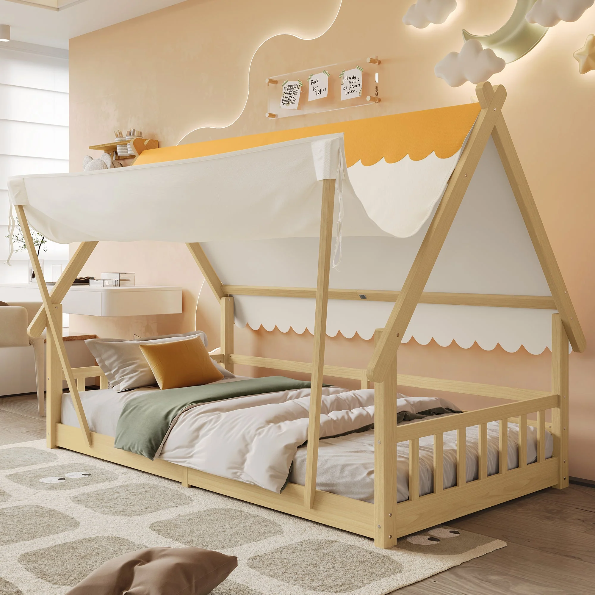 Children's Bed Single, Wooden House Design, Removable Tent, Safety Railing, Pine + Plywood, Natural, 90x190cm - Image 2