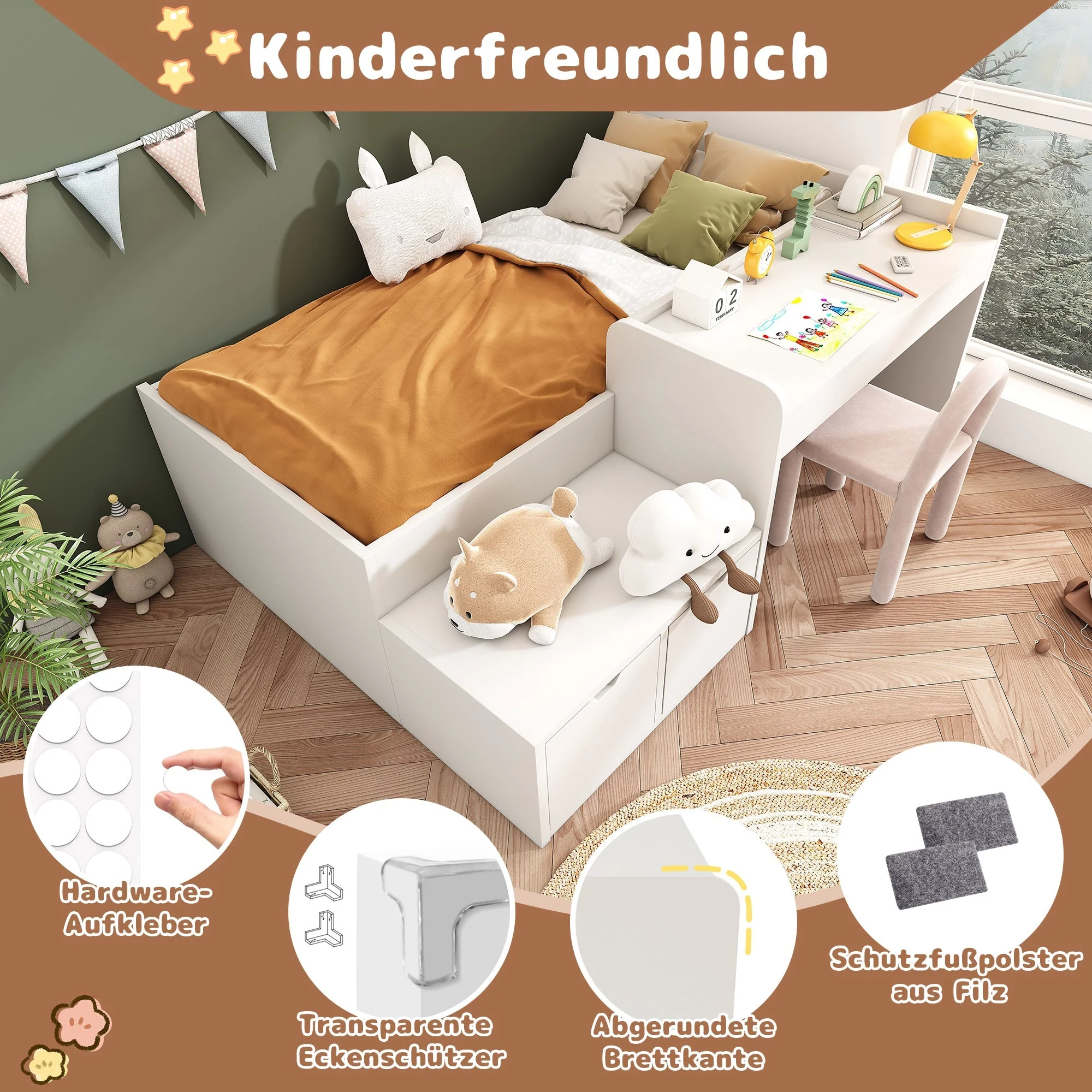 Children's Bed, Solid Wood Single with Desk & Drawers, White - Image 5