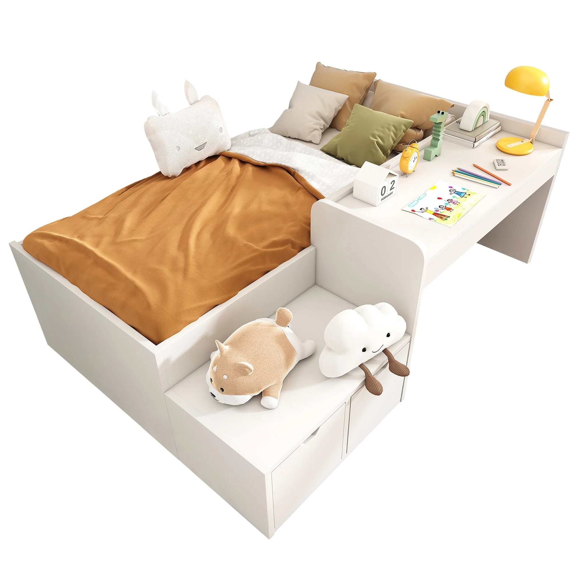 Children's Bed, Solid Wood Single with Desk & Drawers, White - Image 6