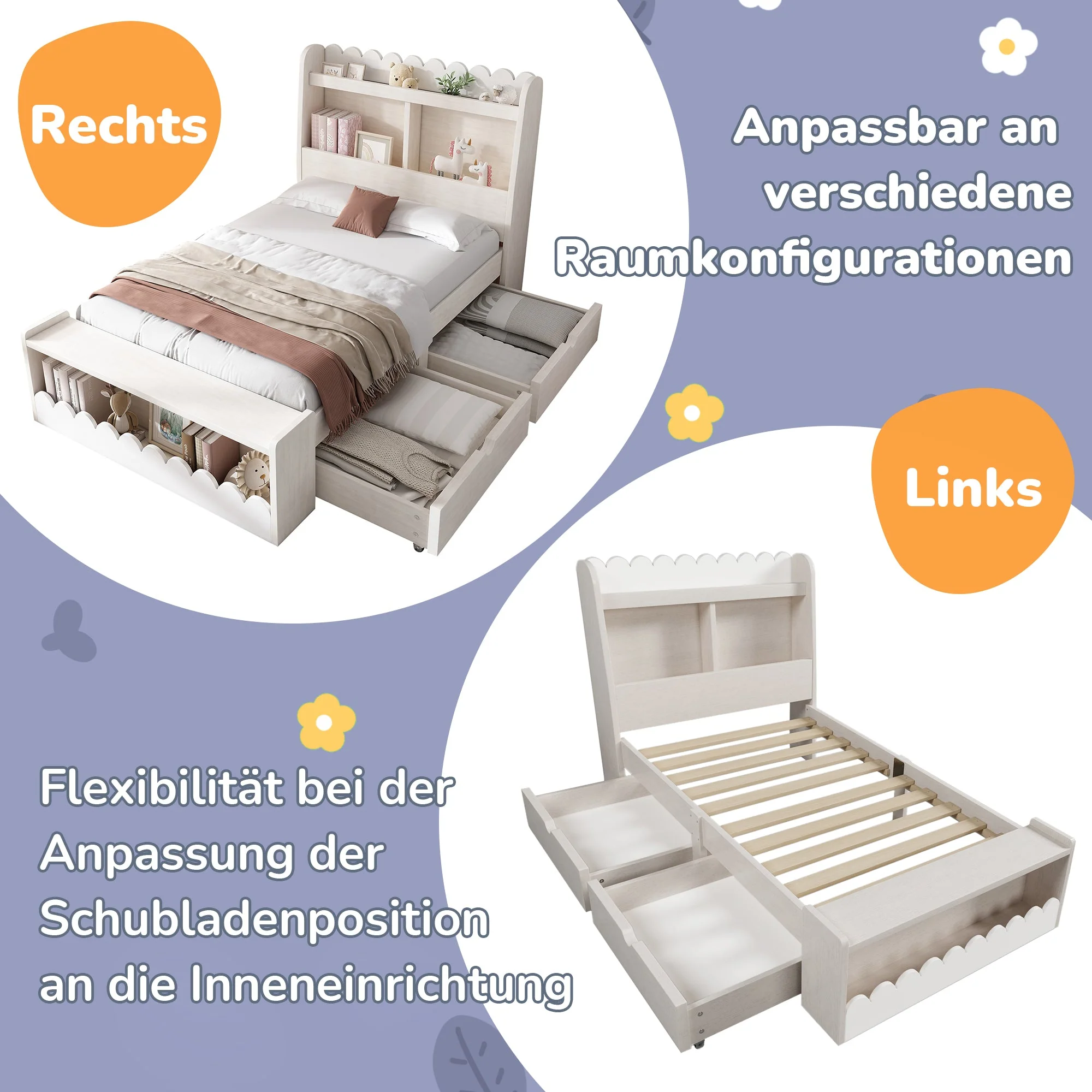 Children's Bed Storage with Drawers Shelf Bench 90x190cm Wood White Oak Finish - Image 4