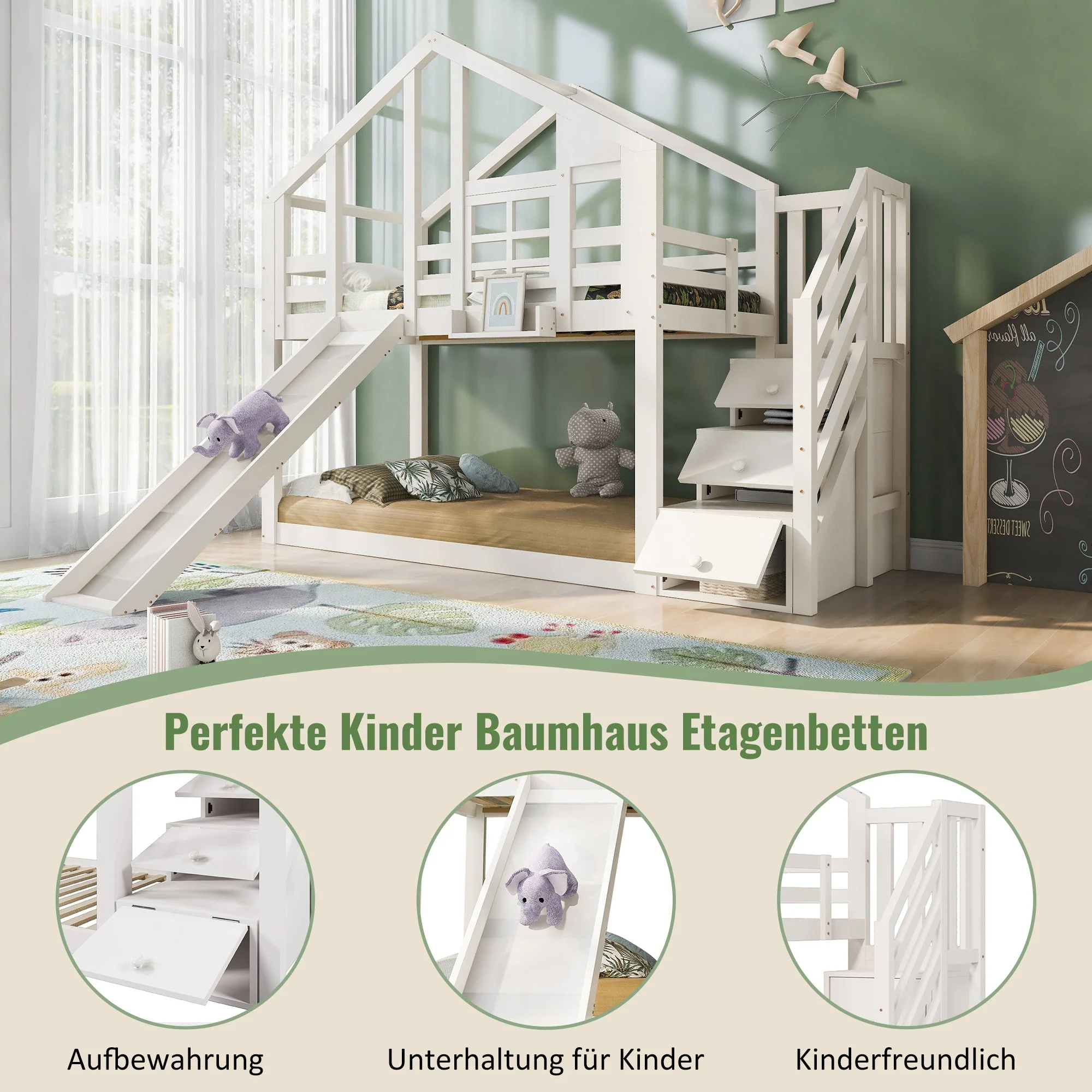 Children's Bed Tree House 90x200cm, Bunk Bed with Slide & Fall Protection, White - Image 5