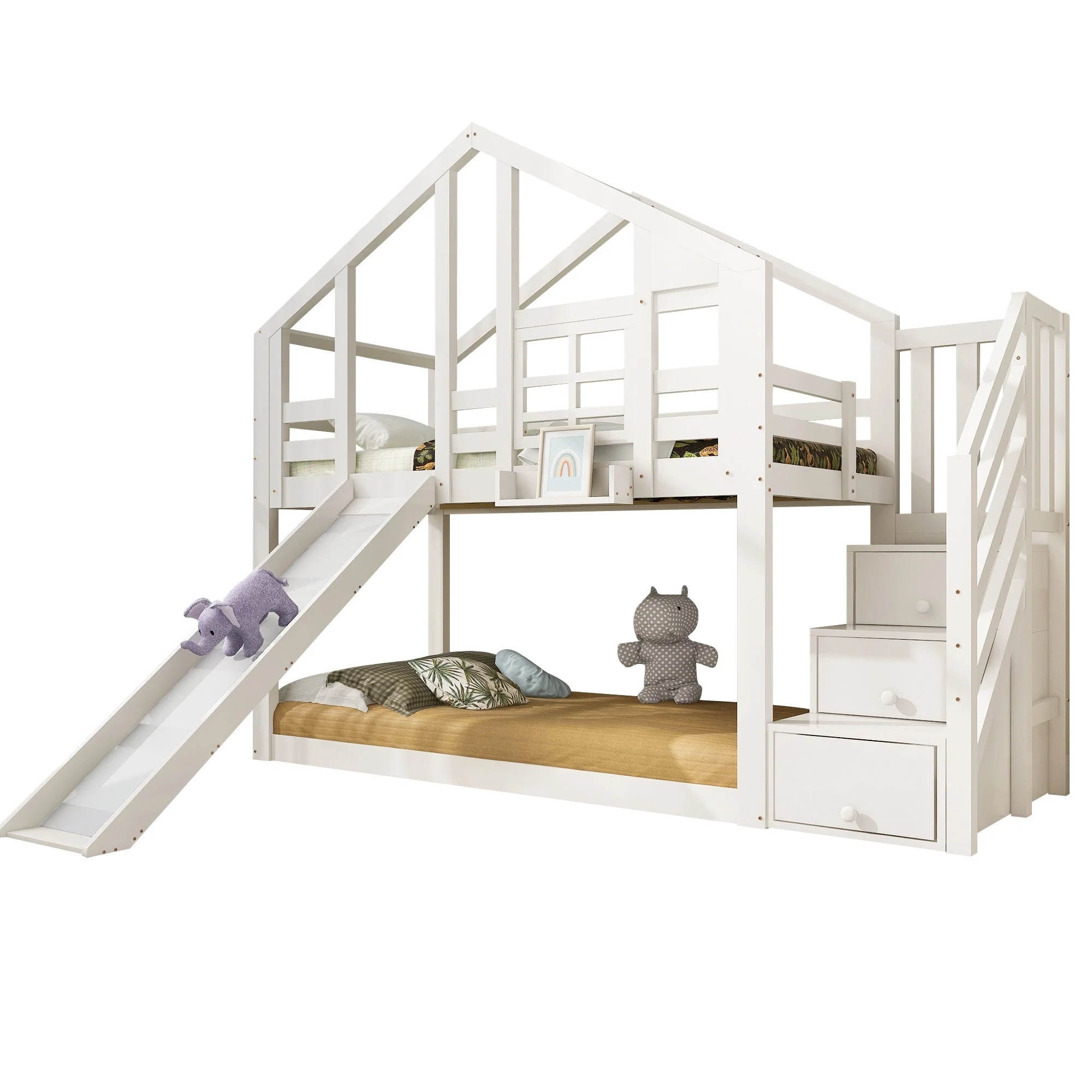 Children's Bed Tree House 90x200cm, Bunk Bed with Slide & Fall Protection, White - Image 6