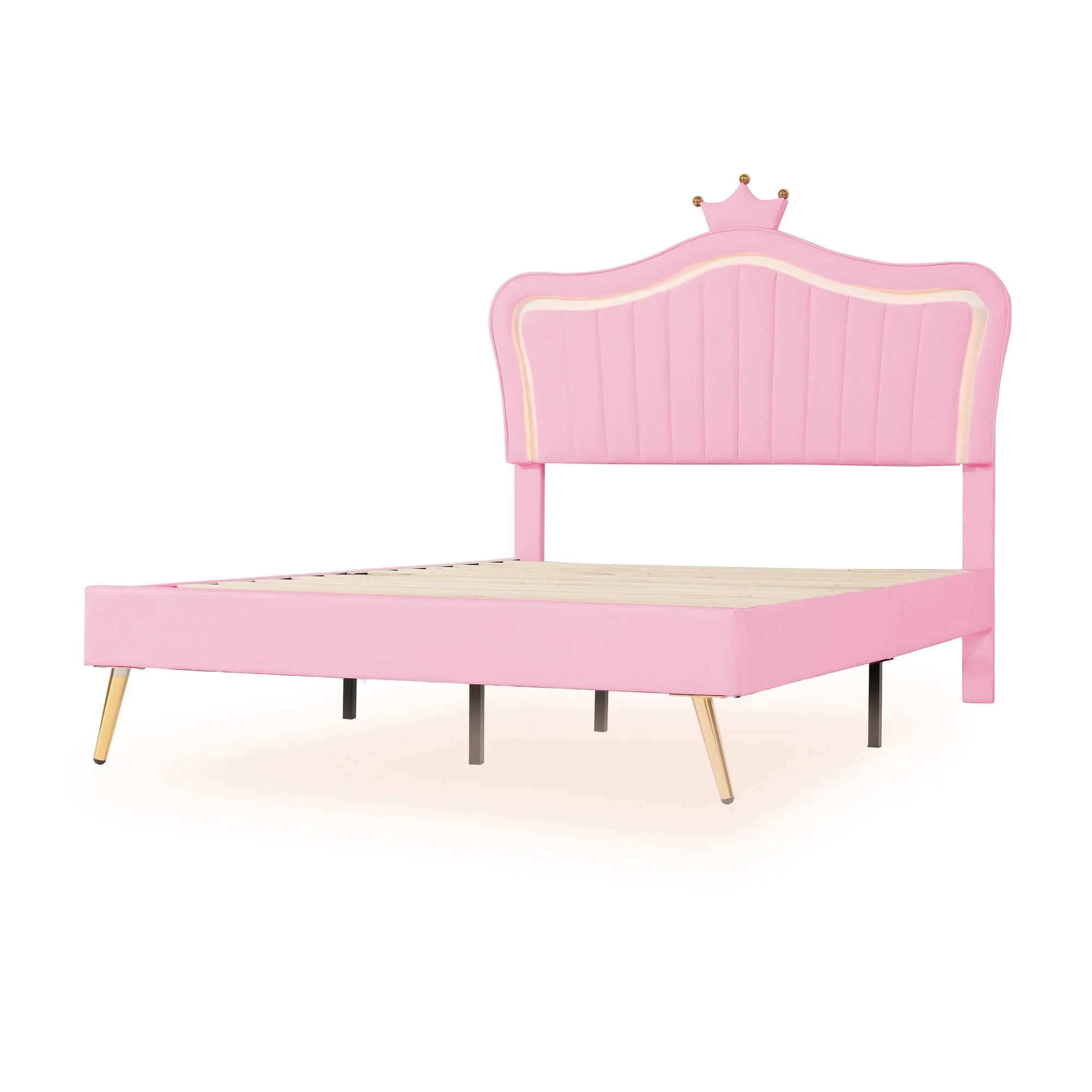 Children's Bed Upholstered 140x200cm LED Lights Slatted Frame, Pink PU Leather - Image 10