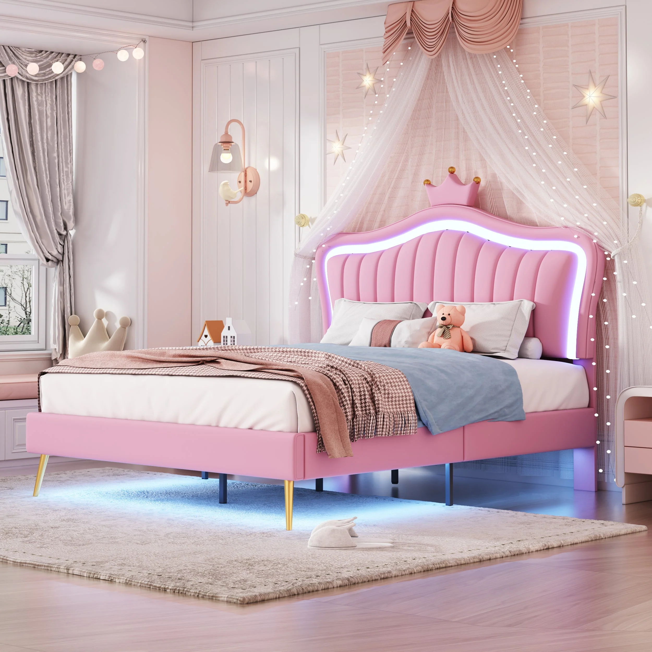 Children's Bed Upholstered 140x200cm LED Lights Slatted Frame, Pink PU Leather - Image 2