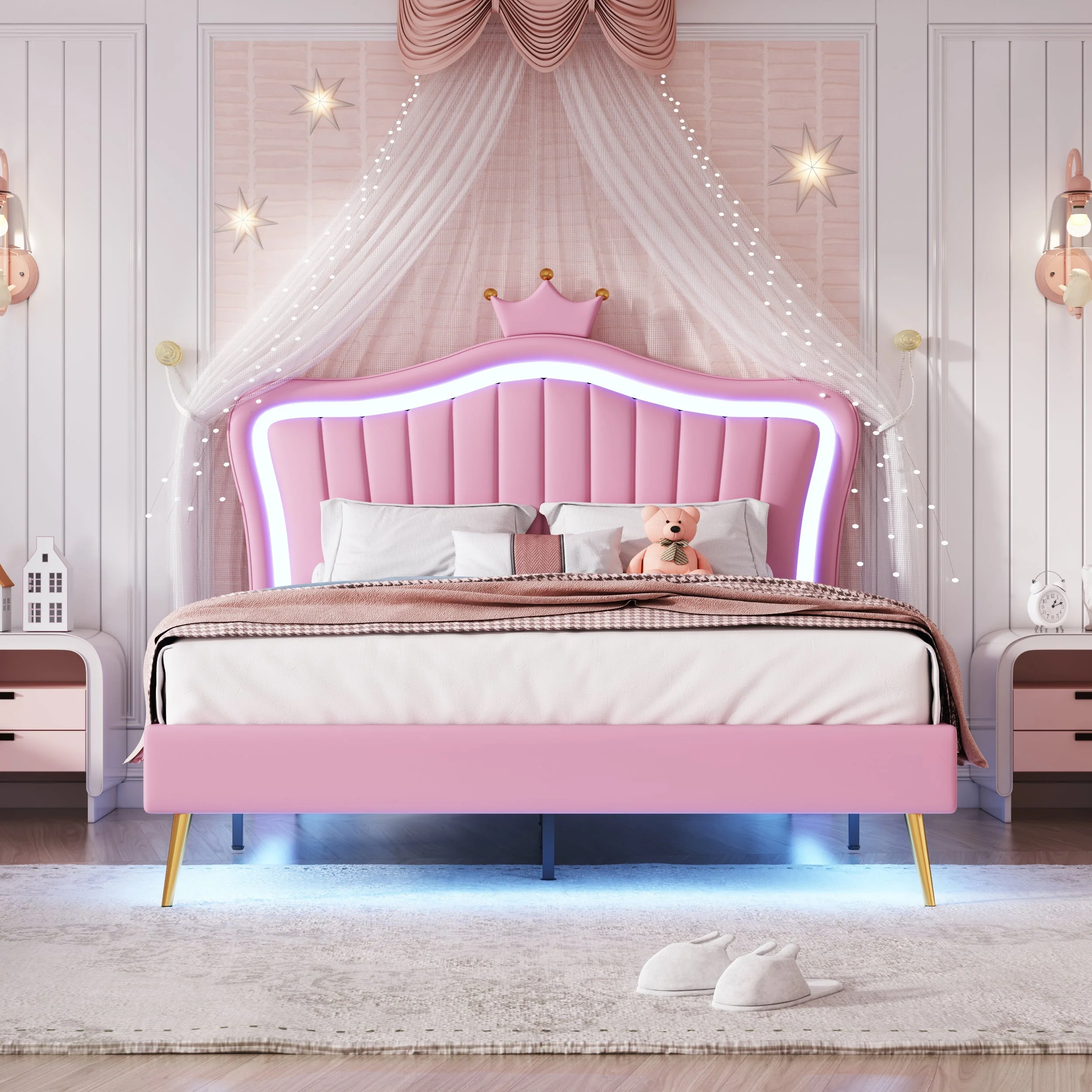 Children's Bed Upholstered 140x200cm LED Lights Slatted Frame, Pink PU Leather - Image 3