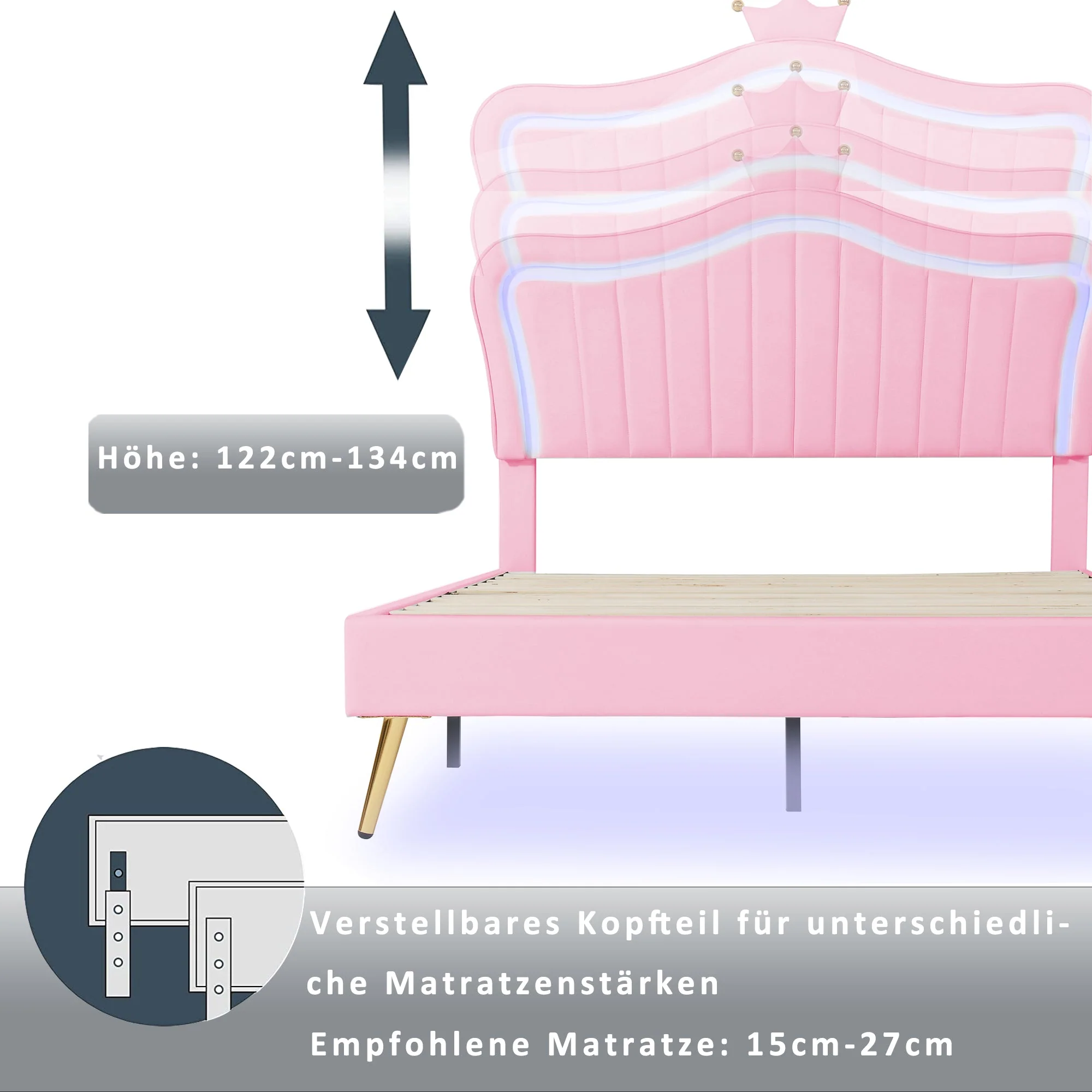 Children's Bed Upholstered 140x200cm LED Lights Slatted Frame, Pink PU Leather - Image 4