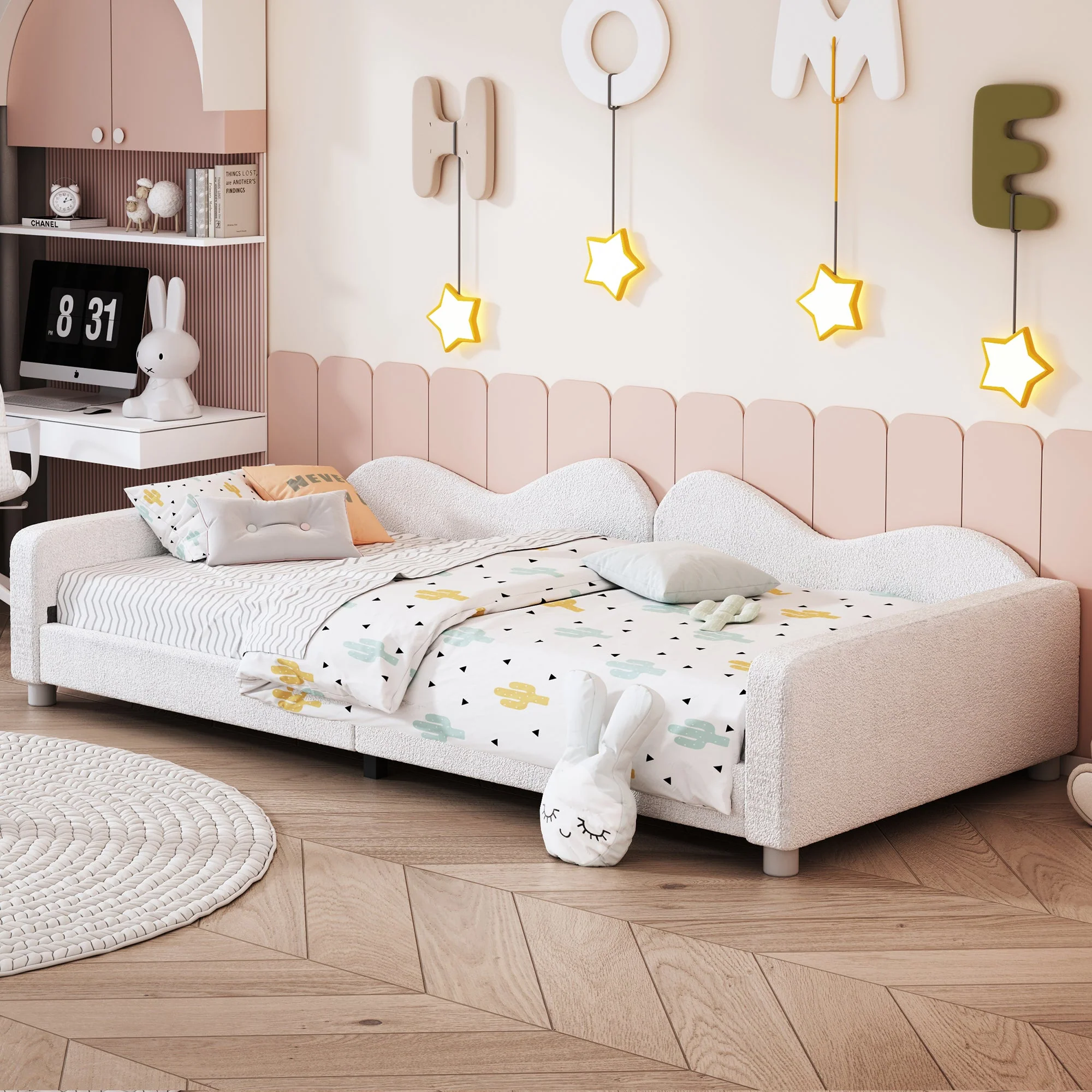 Children's Bed Upholstered 90*200cm, Multifunctional Sofa Bed Frame with Backrest and Armrests, White - Image 4