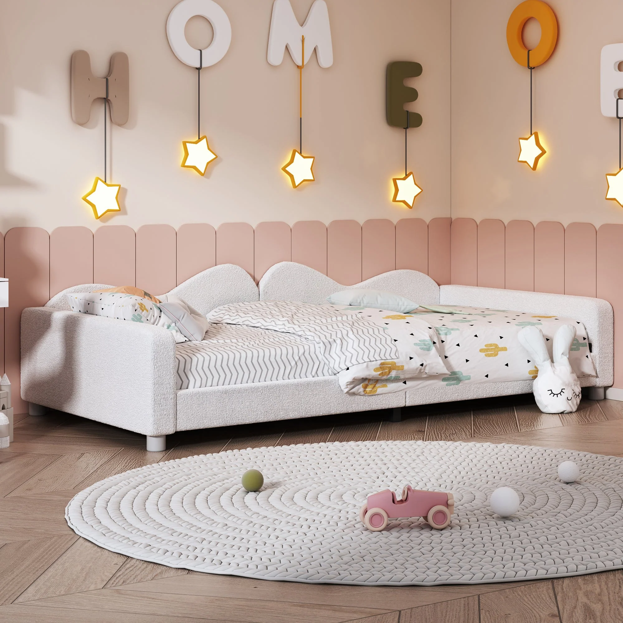 Children's Bed Upholstered 90*200cm, Multifunctional Sofa Bed Frame with Backrest and Armrests, White - Image 5