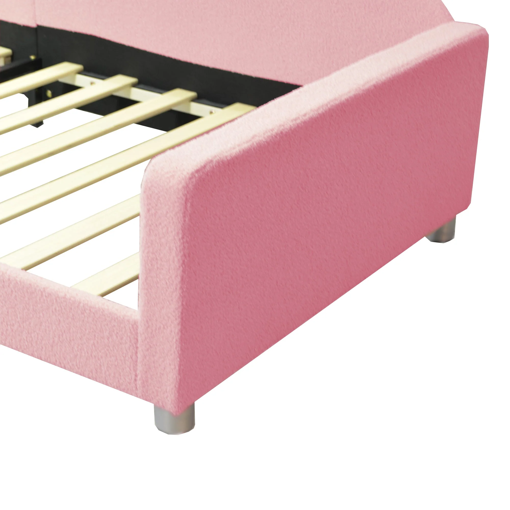 Children's Bed Upholstered 90*200cm, Multifunctional Sofa Bed with Backrest and Armrests, Teddy Fabric Pink - Image 9