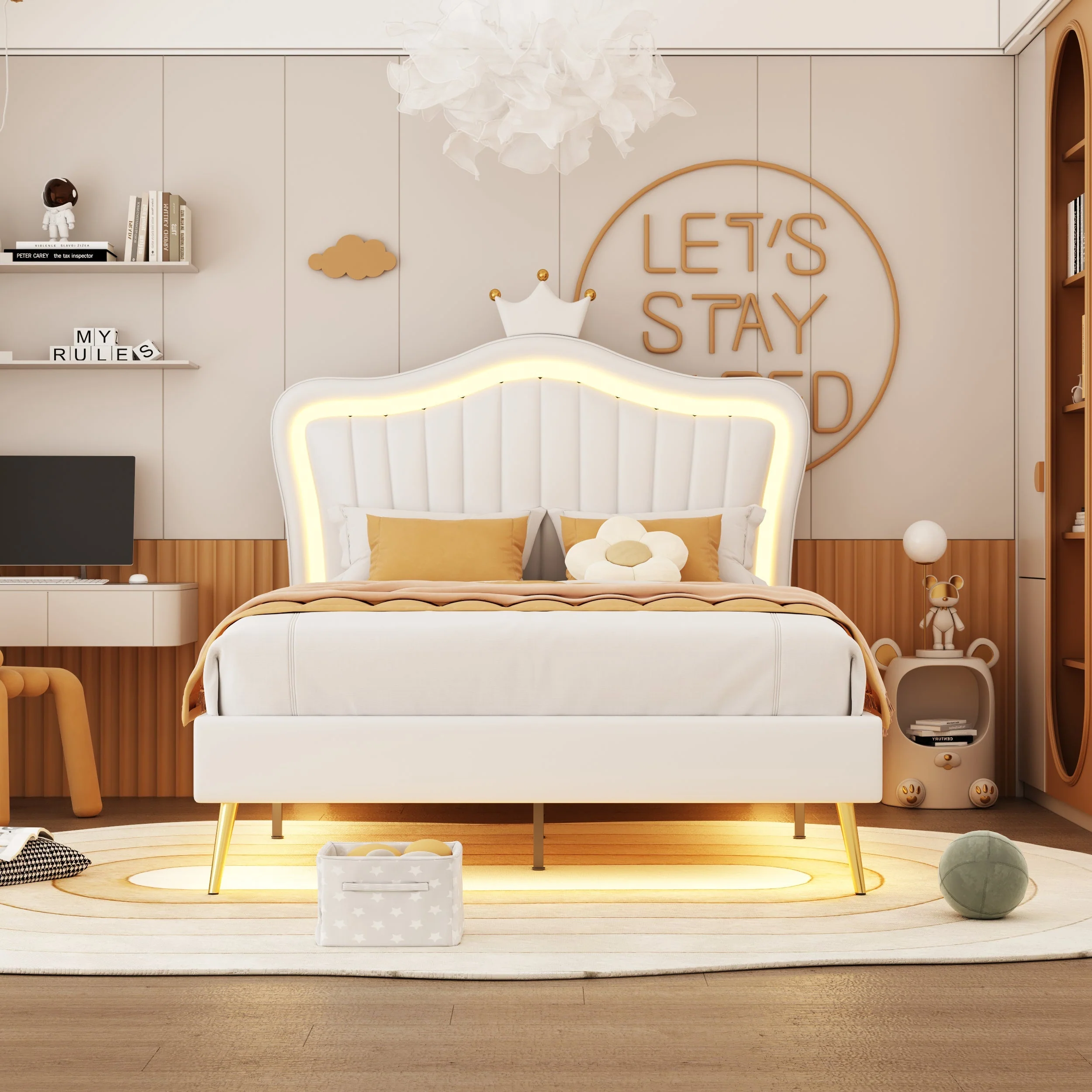 Children's Bed Upholstered, 90x200cm Crown Double Bed Frame with LED Lights, White PU Leather - Image 3
