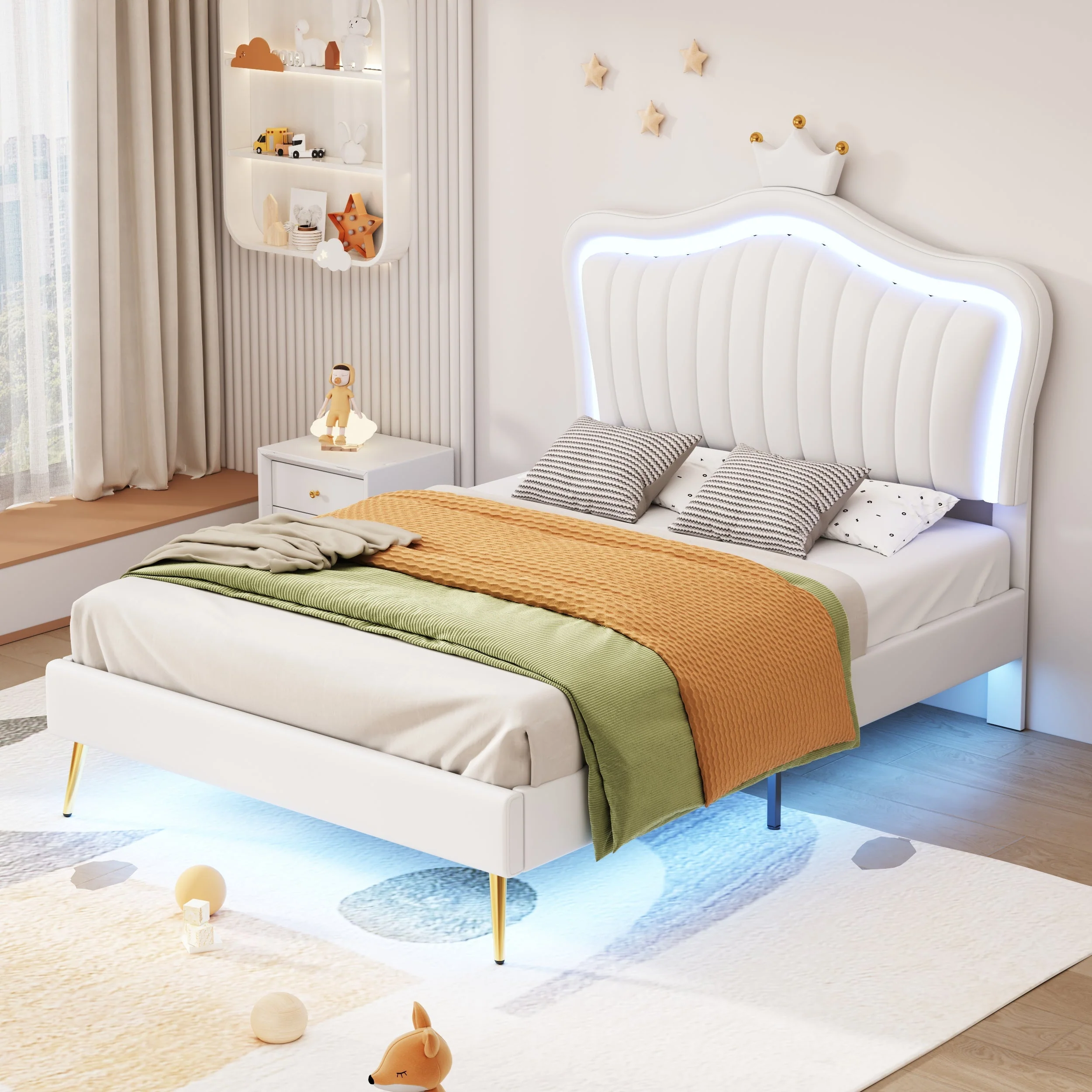 Children's Bed Upholstered, 90x200cm Crown Double Bed Frame with LED Lights, White PU Leather - Image 4