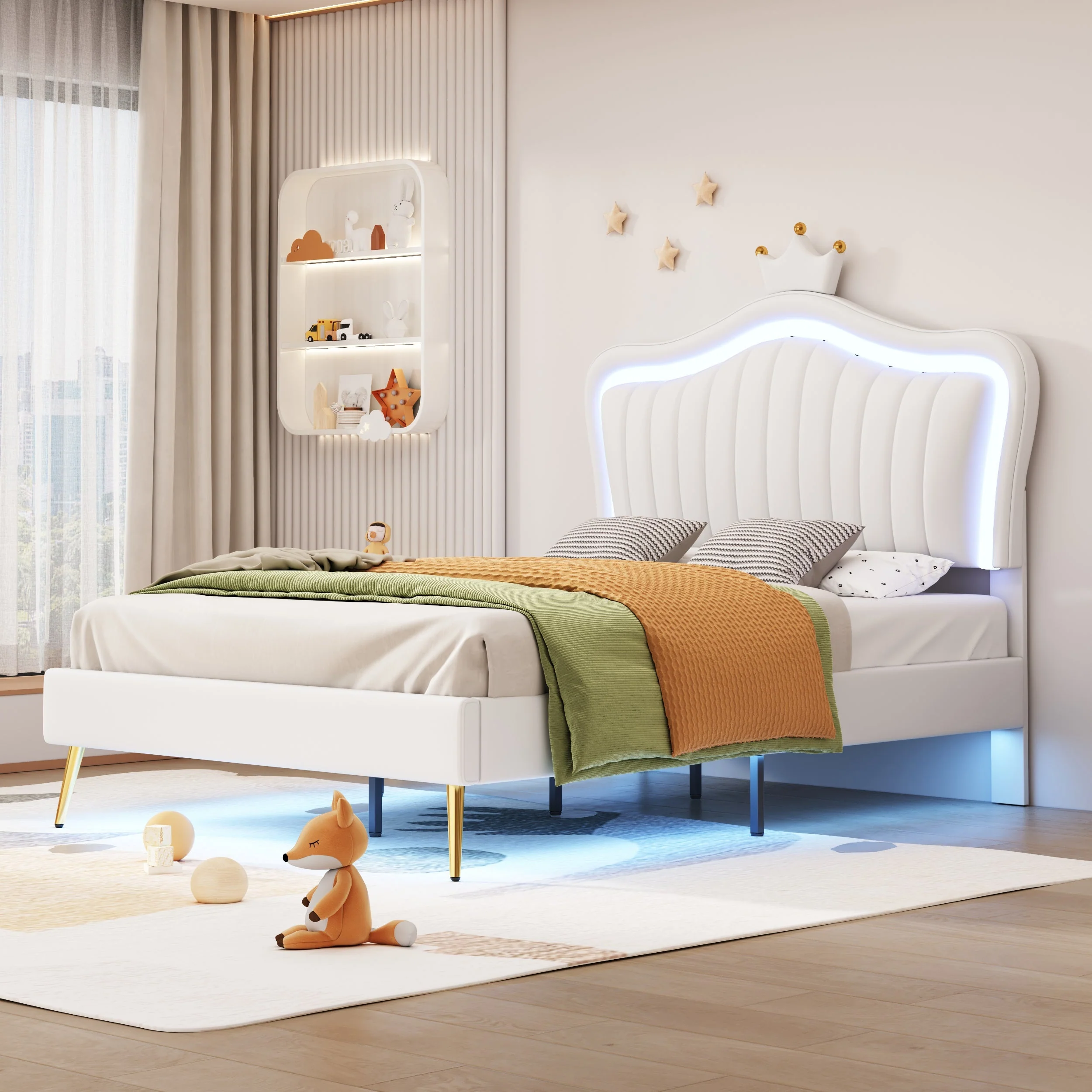 Children's Bed Upholstered, 90x200cm Crown Double Bed Frame with LED Lights, White PU Leather - Image 5