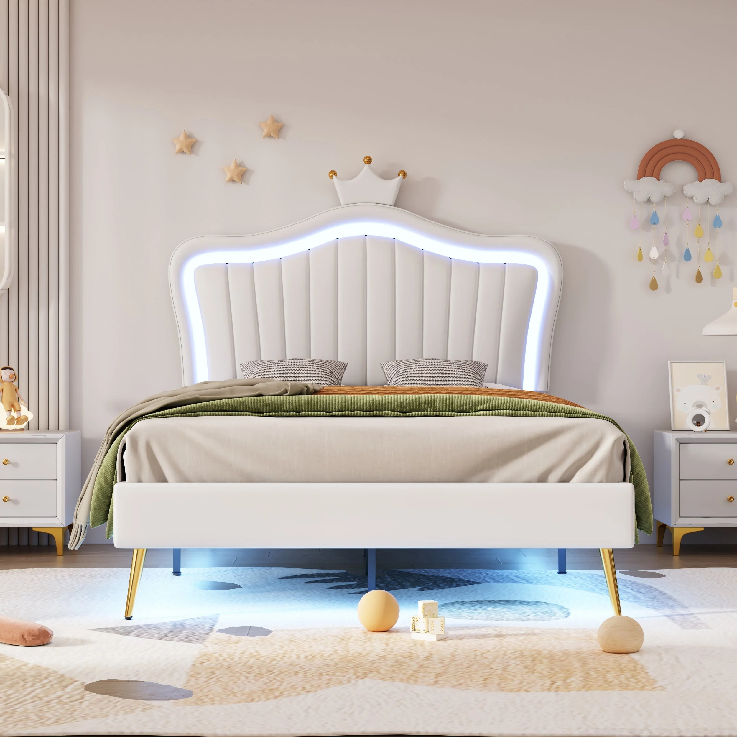 Children's Bed Upholstered, 90x200cm Crown Double Bed Frame with LED Lights, White PU Leather - Image 7
