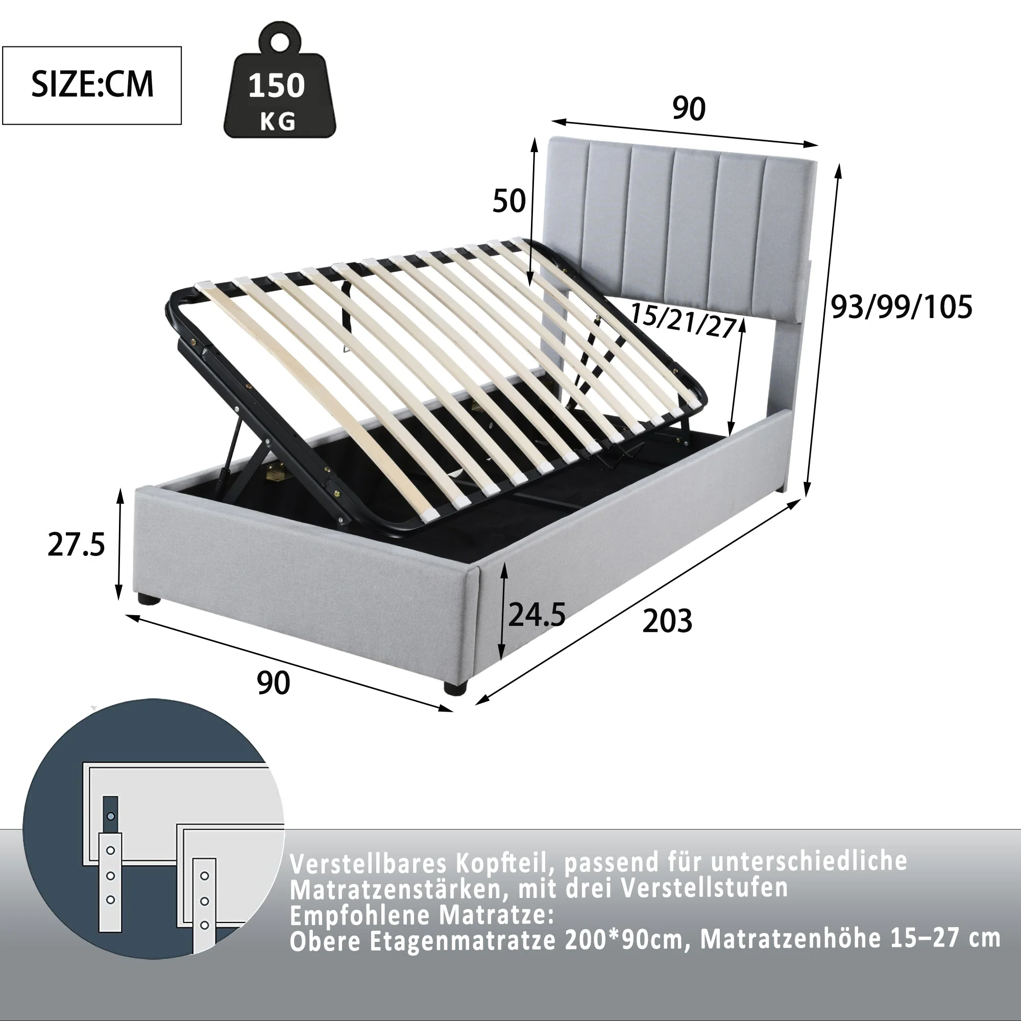Children's Bed Upholstered, Hydraulic Storage, Linen, Grey - Image 4