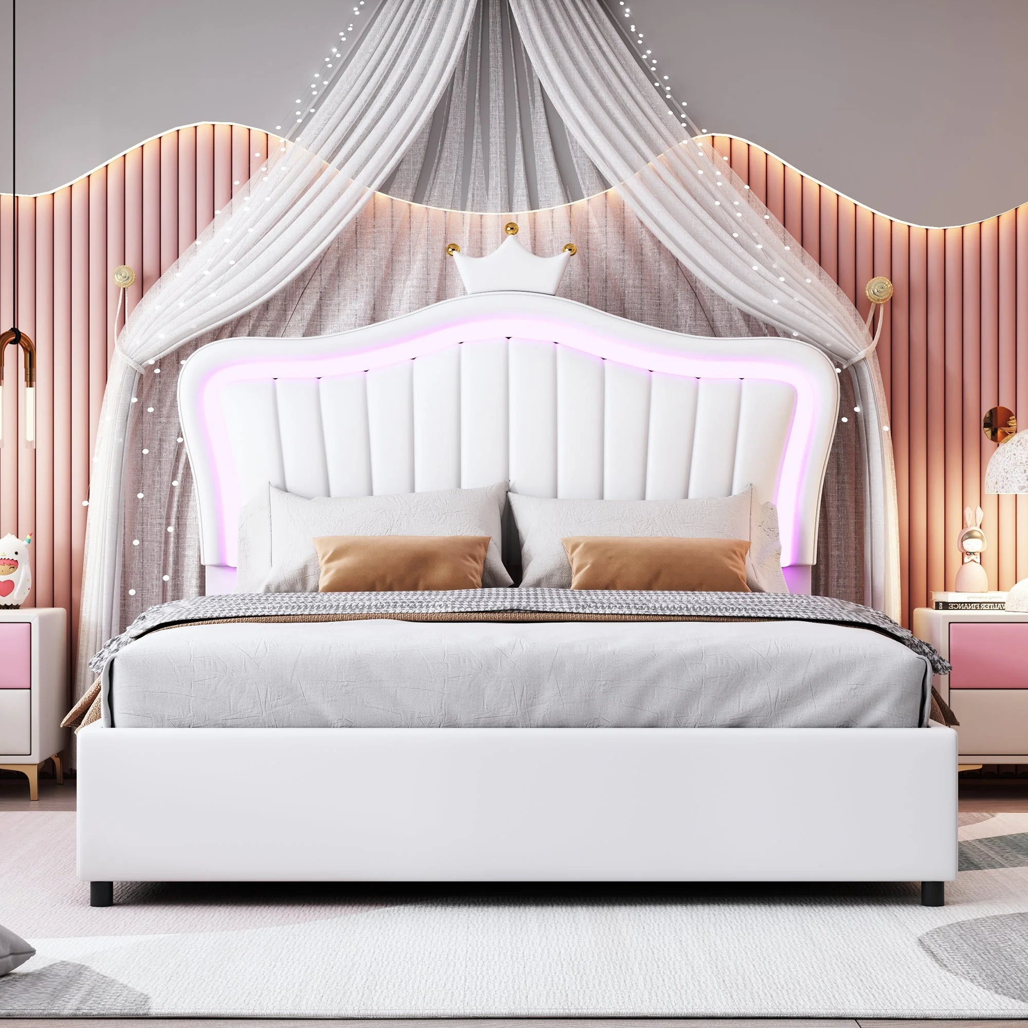 Children's Bed, Upholstered Hydraulic Storage with LED Lights, White PU Leather - Image 3