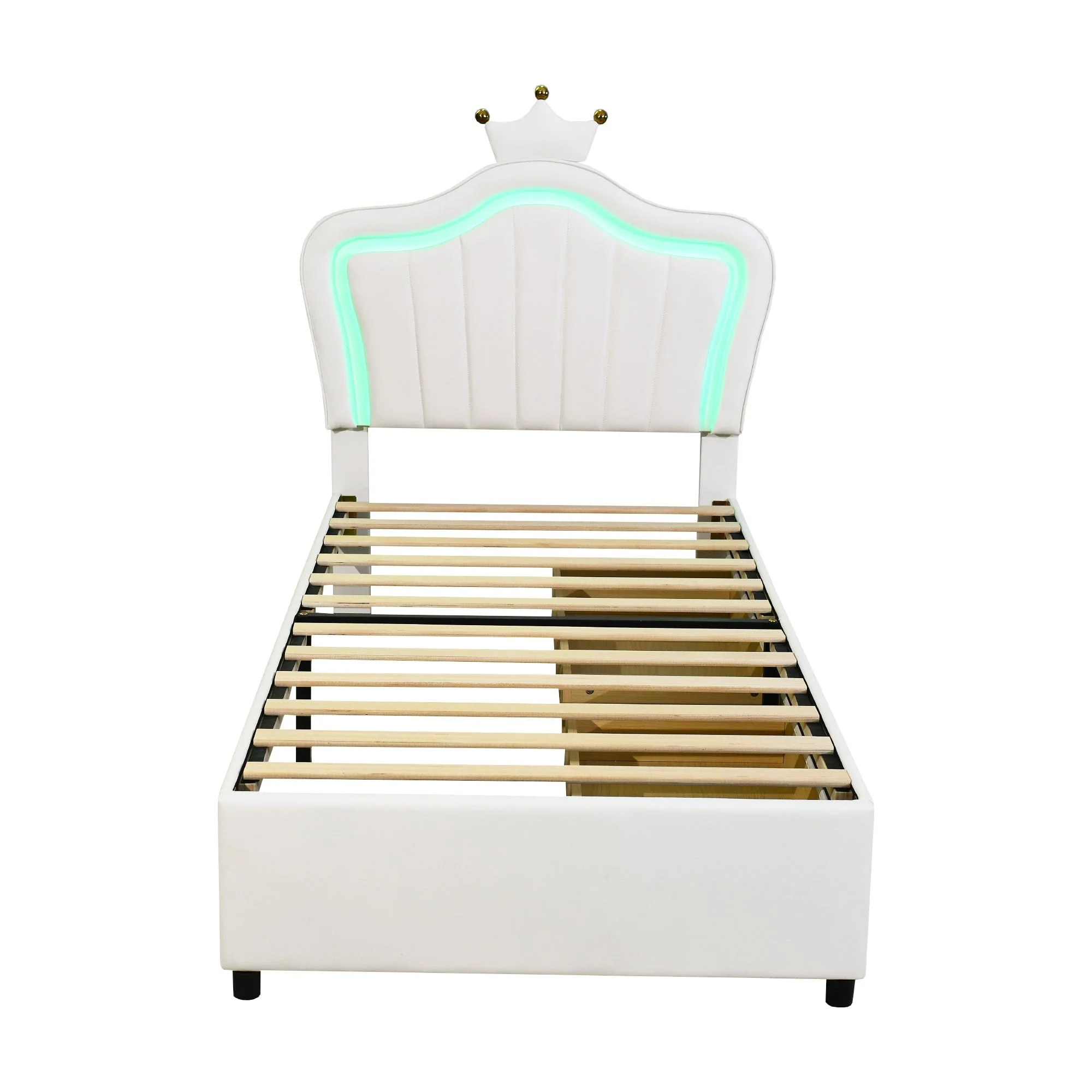 Children's Bed Upholstered Single Crown Girl's with Storage Drawers & LED Lights, White PU Leather - Image 6