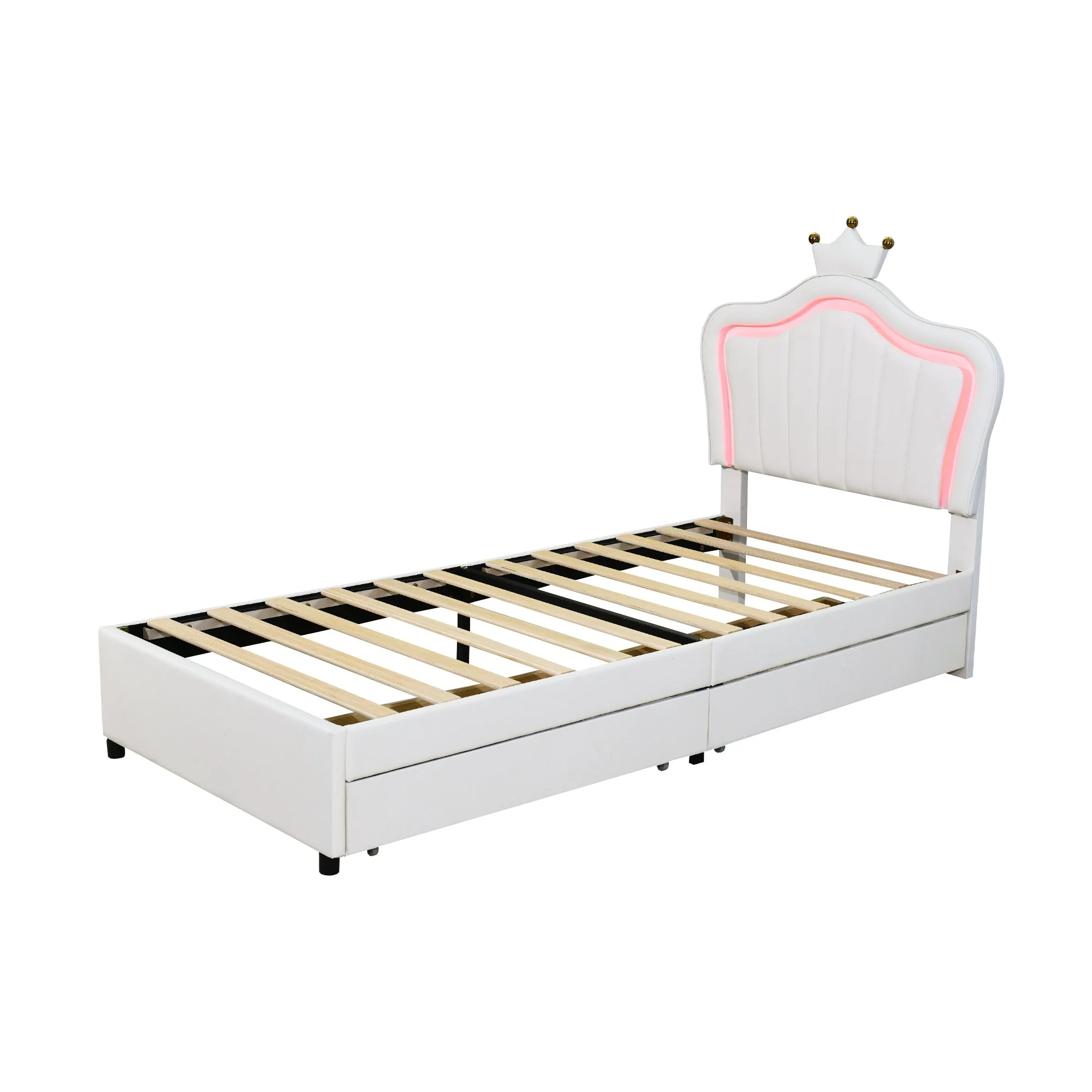 Children's Bed Upholstered Single Crown Girl's with Storage Drawers & LED Lights, White PU Leather - Image 9