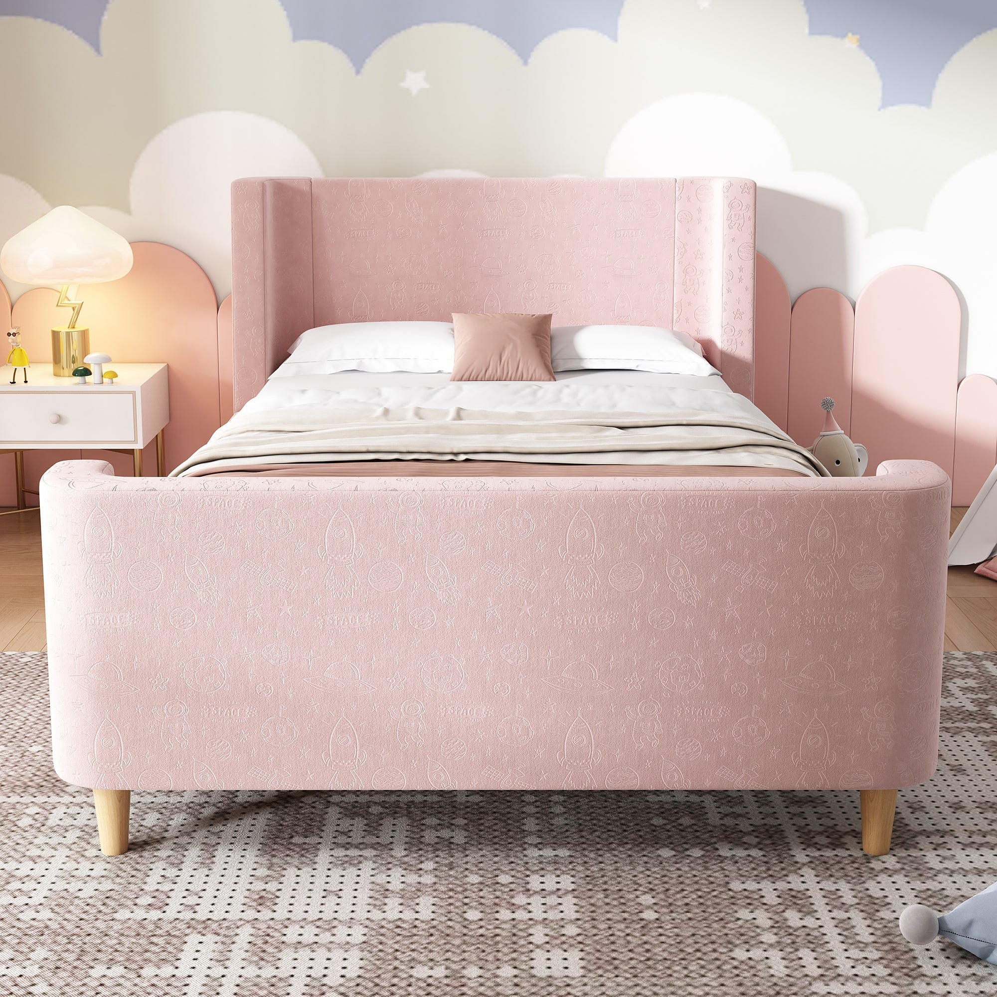 Children's Bed Upholstered Sleigh Bed, Cosmic Pattern, 90x200cm, Pink Velvet - Image 10