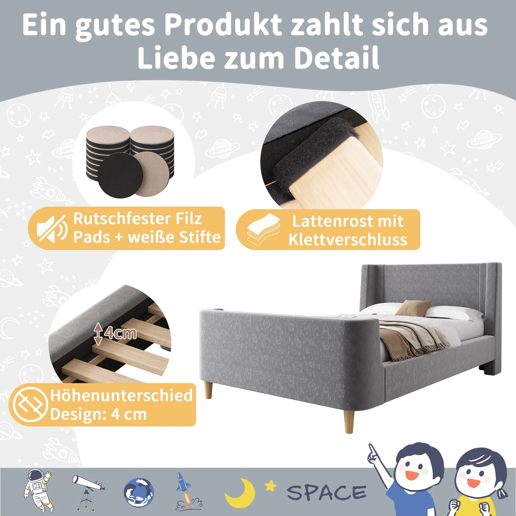 Children's Bed Upholstered Sleigh with Cosmic Pattern, 90x200cm, Grey Velvet - Image 3